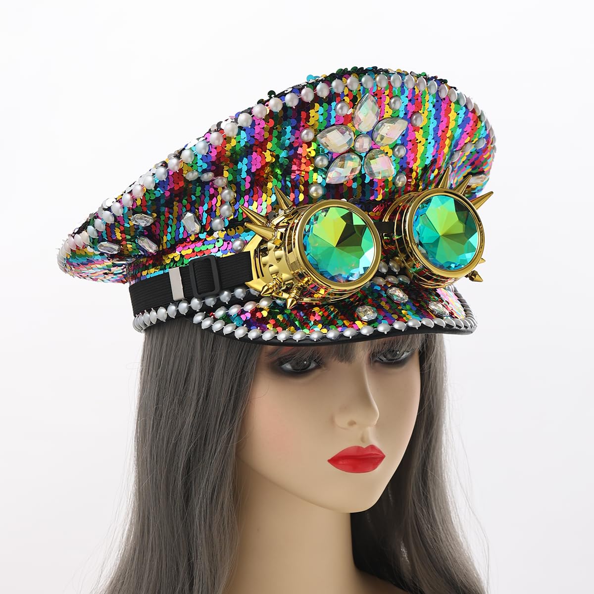COSDREAMER Sombrero de lentejuelas para mujer, sombreros militares, con gafas
