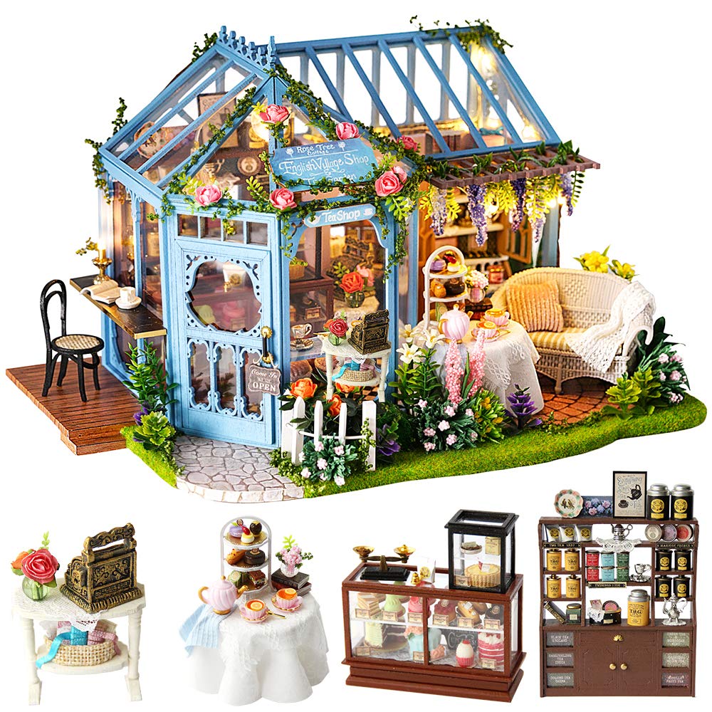 CUTEBEE Dollhouse Miniature House with Furniture, DIY Dollhouse Kit with Dust Proof, Music Movement, 1:24 Scale Creative Room for Gift for Family and Friends (Rose Garden Tea House)