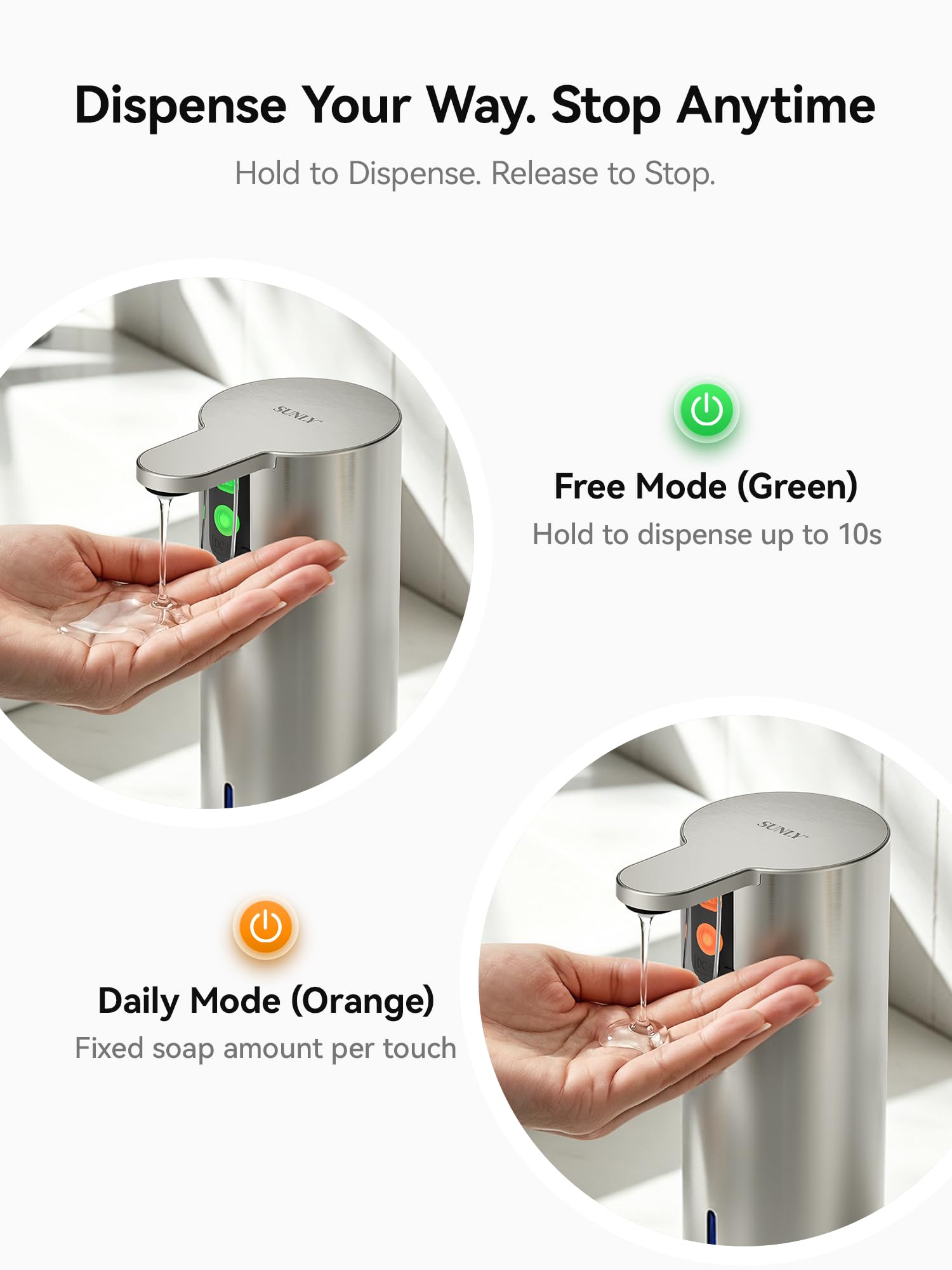 SUNLY Dispensador de jabón líquido a presión, bomba de jabón de acero inoxidable para cocina, dispensador de jabón de manos recargable sin contacto para baño, pared o encimera, color plateado