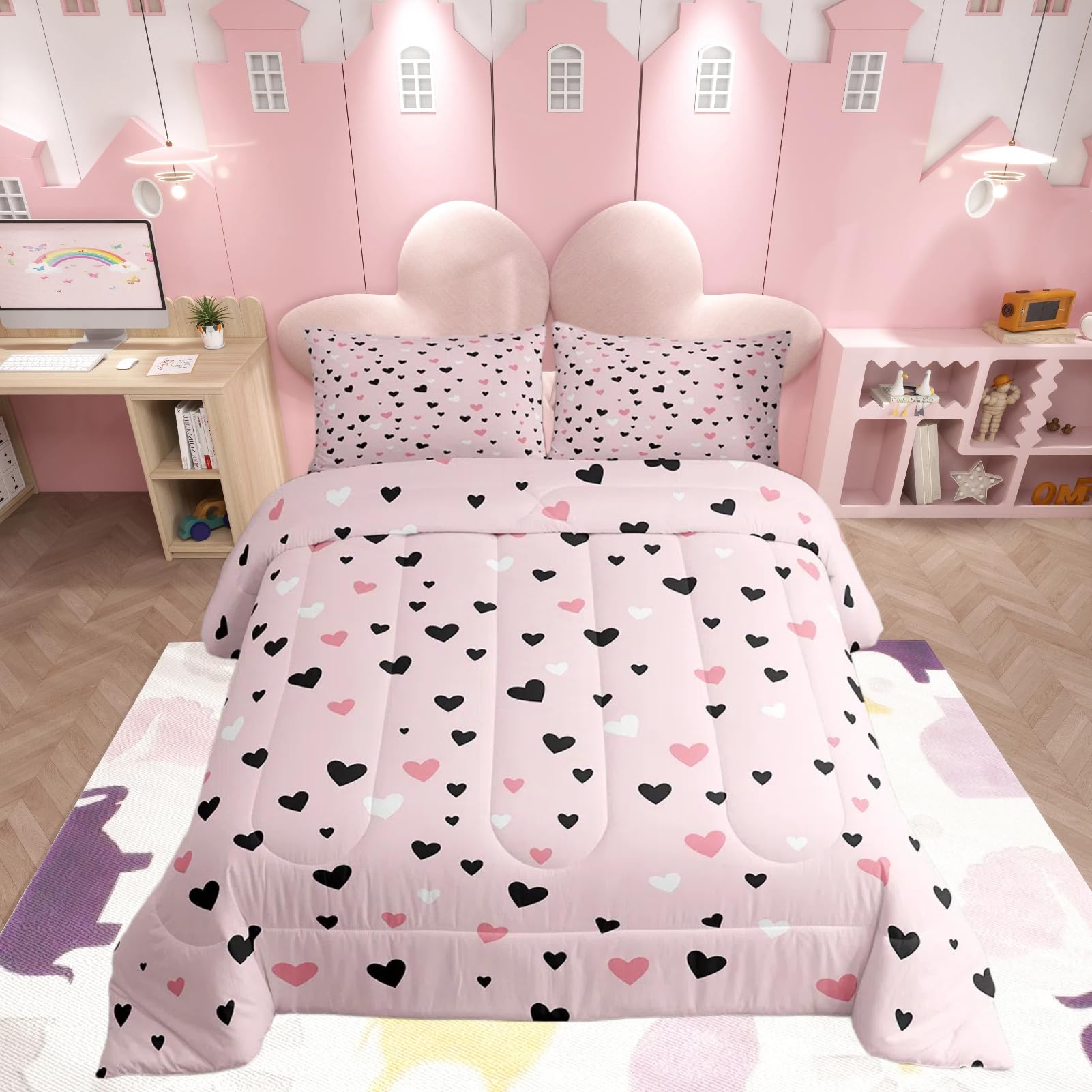 Feelyou Heart Bedding Set Twin Size Love Comforter Set for Kids Boys Girls Decor Kawaii Comforter Microfiber Pink Duvet Set