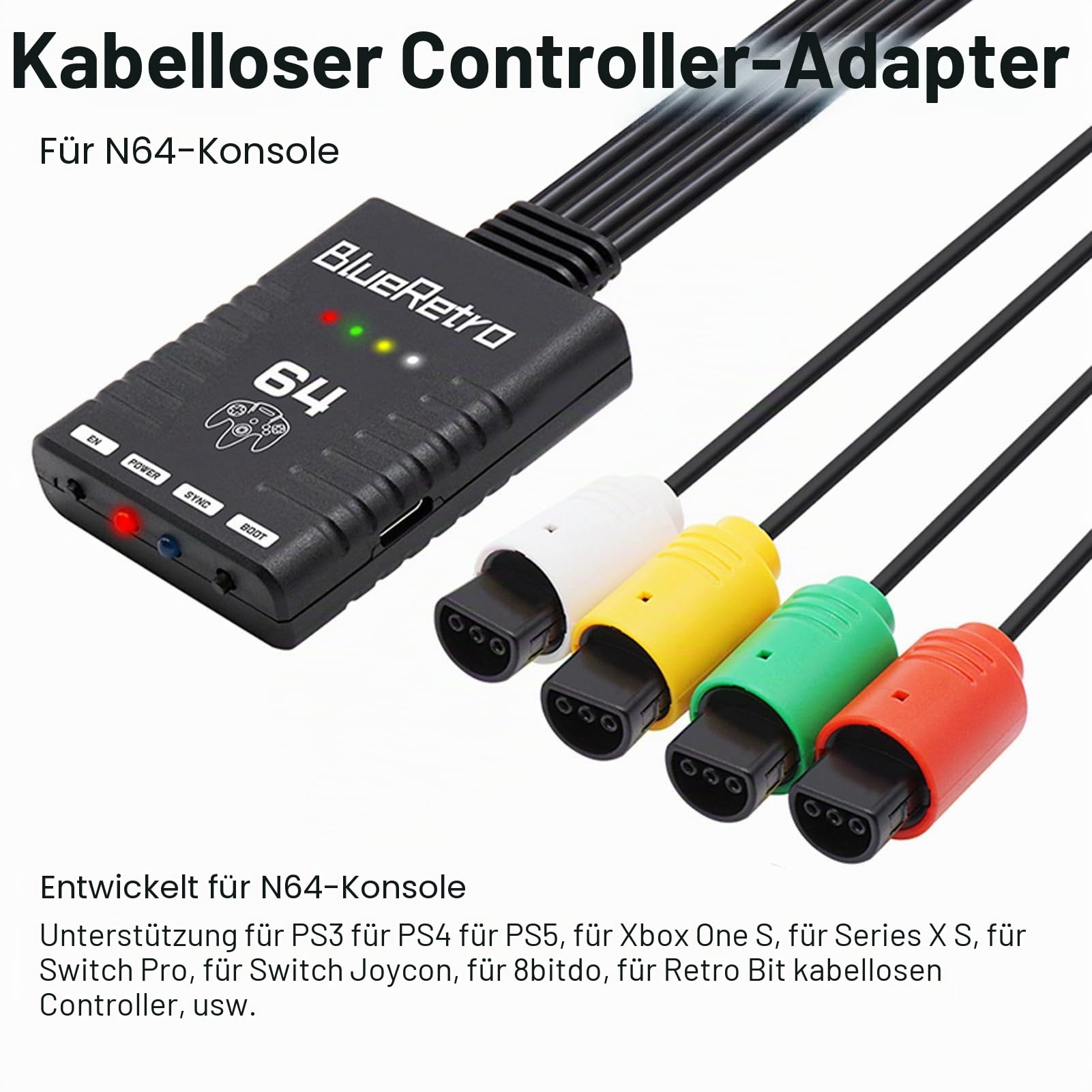 Gamecontroller Adapter für N64 Konsole, Kabelloser Bluetooth Griffkonverter, Unterstützt 4 Spieler, Controller Adapter für für für für Plug and Play