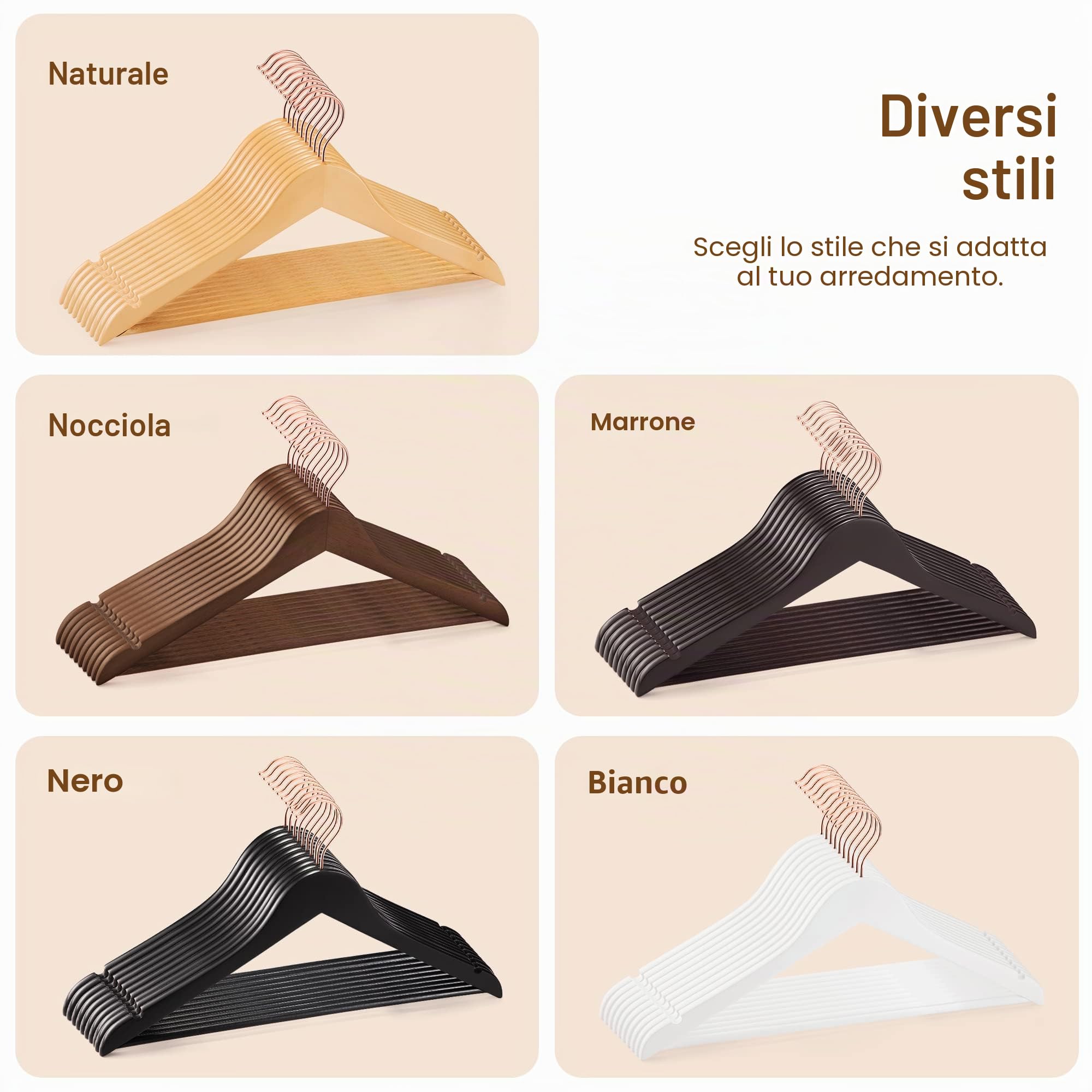 HOUSE DAY Confezione da 32 Grucce in Legno Resistente di Alta Qualità per Abiti Antiscivolo Con Gancio Girevole Color Oro Rosa 45 cm Nero