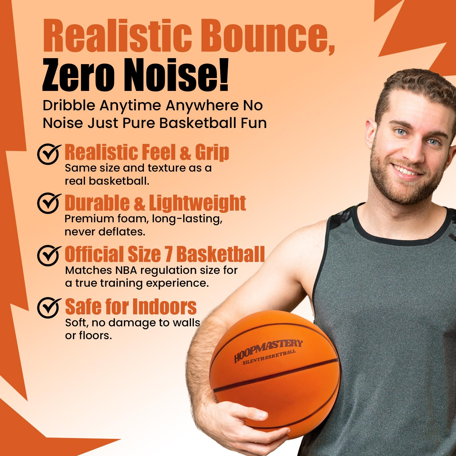 Silent Basketball Dribbling Indoor Training Ball - Realistic Size 7 Quiet Basketball with Higher Bounce - Lightweight Soundless Dribble Basketballs - Durable Grooved Foam No Sound Hoop Basket Balls