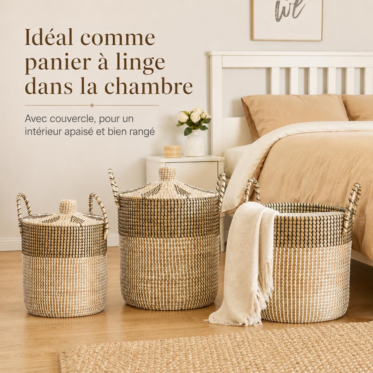 Panier de Rangement Herbe de Mer Artisanal Vietnam Set de 3 avec Doublure Amovible 75.99L/42.99L/25.65L