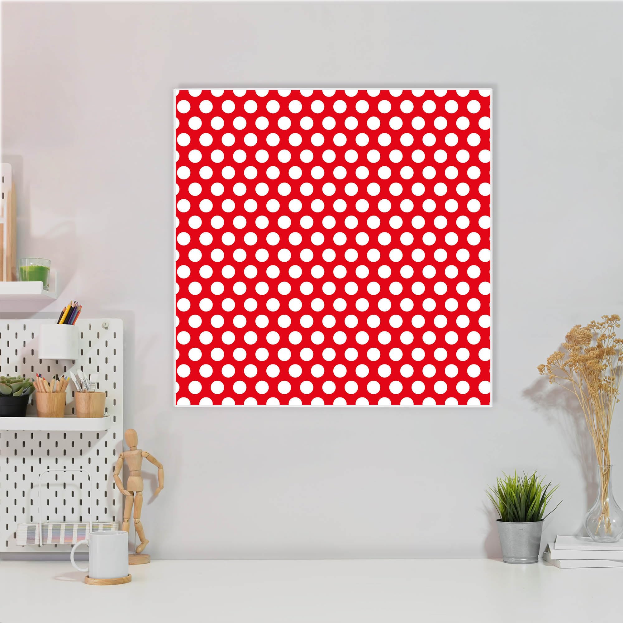 banjado Magnettafel 50 x 50 cm/Magnetwand aus Metall/Magnetpinnwand als Memoboard/Pinnwand Magnettafel Küche, Büro, Kinderzimmer inkl. 4 Magnete & Montageset - Motiv Punkte Rot