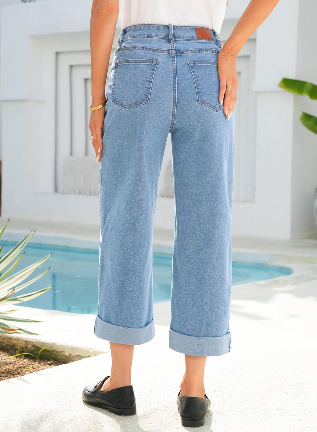 Sidefeel Women's Wide Leg Jeans High Waisted Stretchy Cropped Ankle Capri Rolled Hem Denim Pants - Image 4