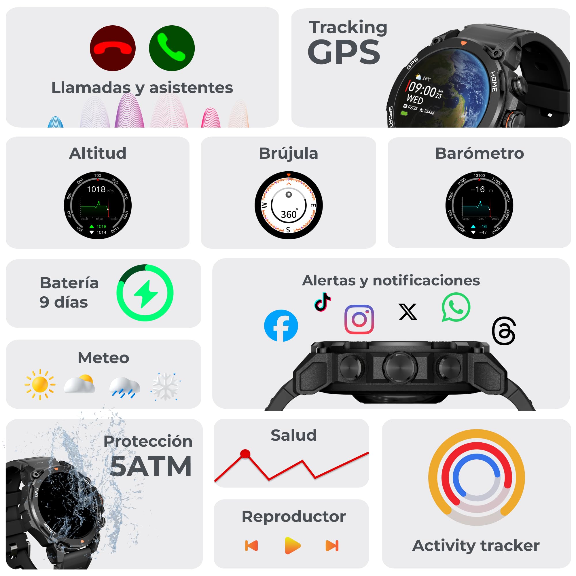 KSIX Explorer Reloj Inteligente Hombre Negro con Llamadas, Notificaciones, GPS, Pantalla Amoled 1,43'' Smartwatch Deportivo con Monitor de Salud, +100 Modos Deporte, Impermeable, para iOS Android