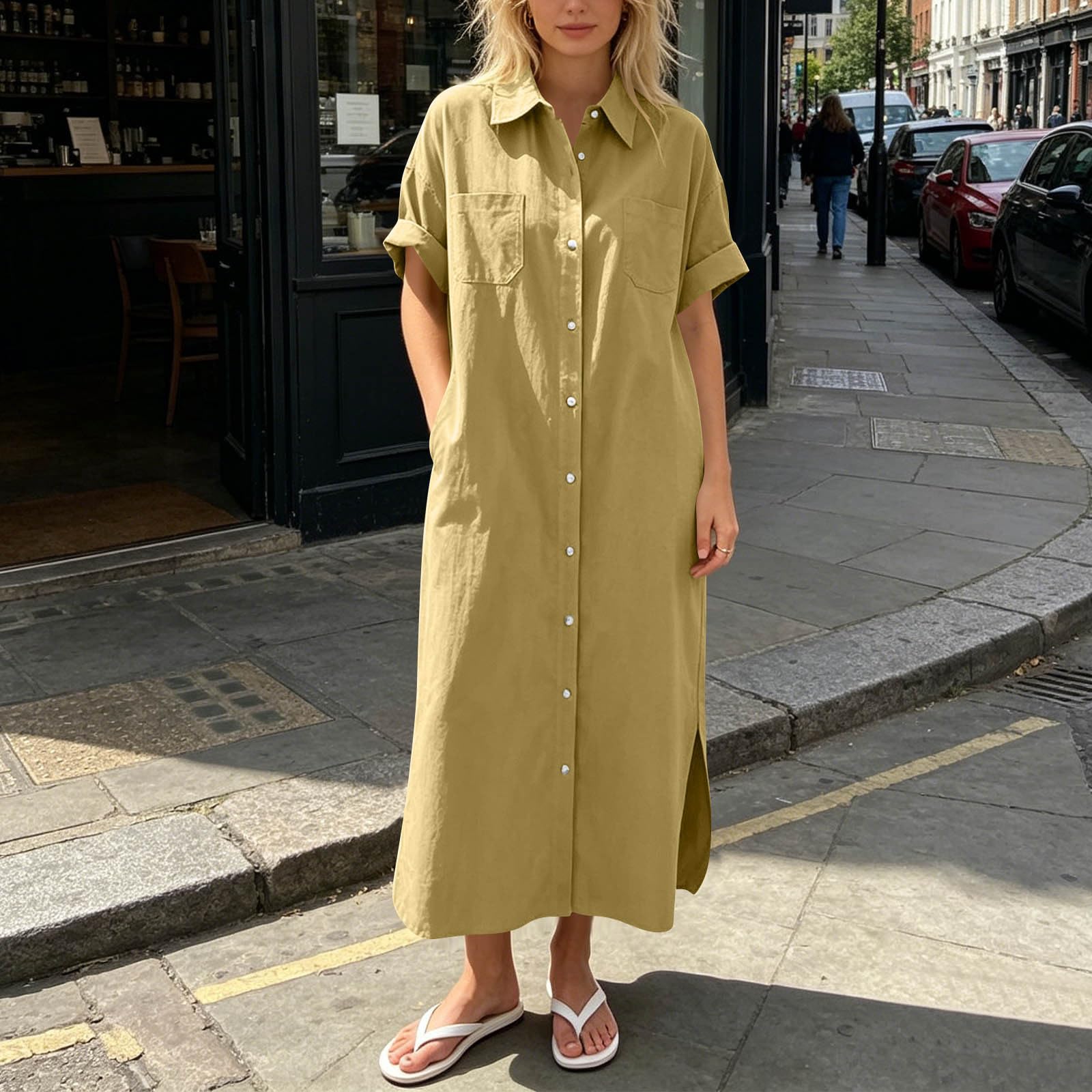 Sommerkleid Damen Lang Baumwolle Leinen Maxikleid Musselin A-Linie Casual Freizeitkleid Kurzarm Leinenkleid V-Ausschnitt Blusenkleid Leicht Luftig Shirtkleider Strandkleid Mit Taschen