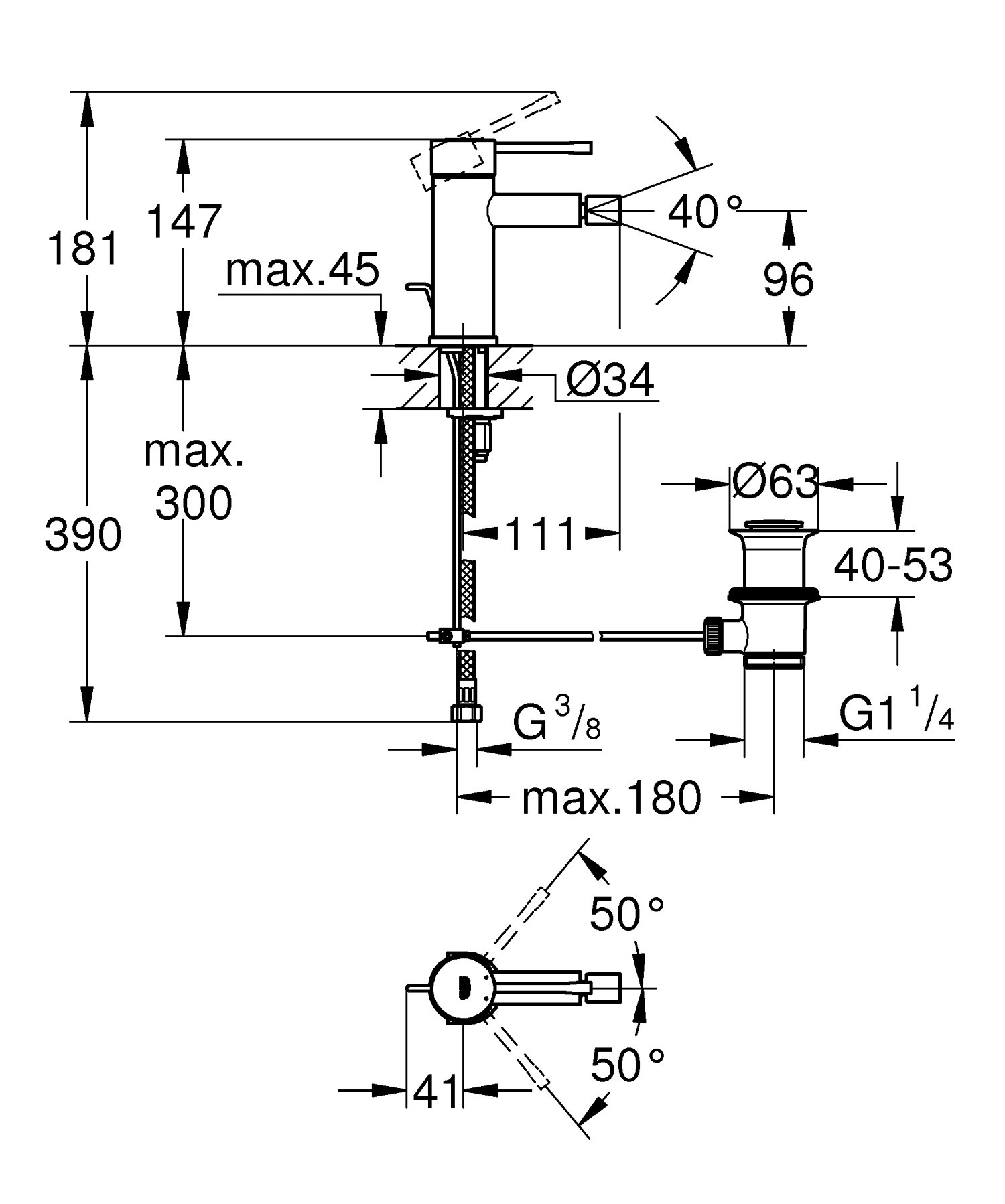 GROHE Essence, Bidetarmatur, wassersparend (WC Dusche für die Toilette im Bad, Kugelgelenk-Mousseur, mit Zugstangen-Ablauf, 15cm hoch, mit 3in1 Werkzeug, einfache Installation), chrom, 32935001