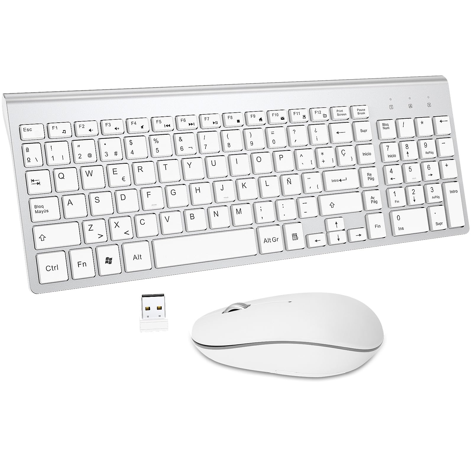 Español Teclado y Ratón Inalámbrico - QWERTY USB Teclado Inalámbrico Compactom Ergonómico Ratón Inalámbrico Portátil para PC/Laptops/Smart TV - Blanco