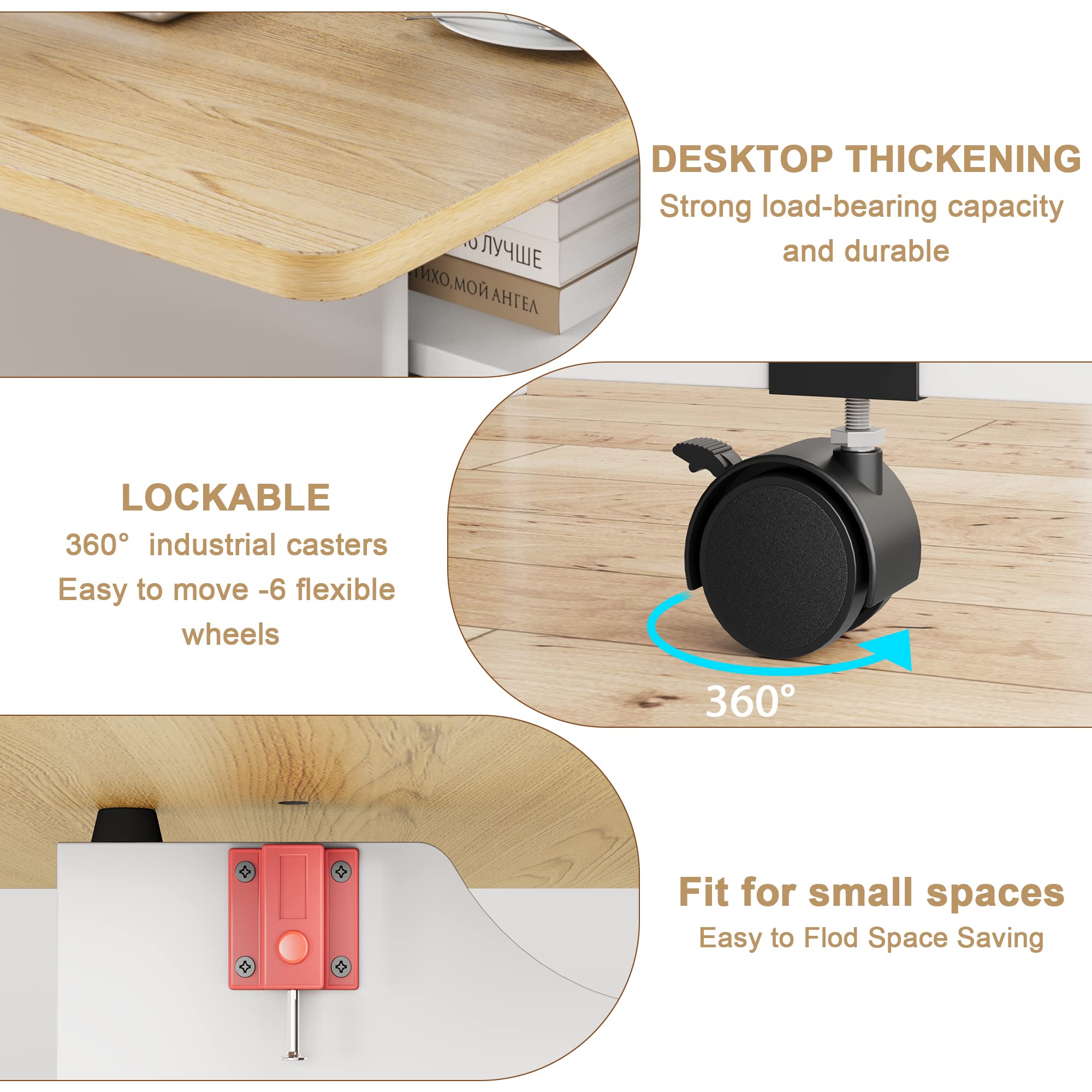 Garvee Table De Cuisine Pliante sur roulettes, Table à Manger pour 4 à 6 Personnes avec 2 Plateaux Et 2 étagères Intégrées, Table en Bois Gain De Place pour Petits Espaces Et Salons,127 x 80 x 75 Cm