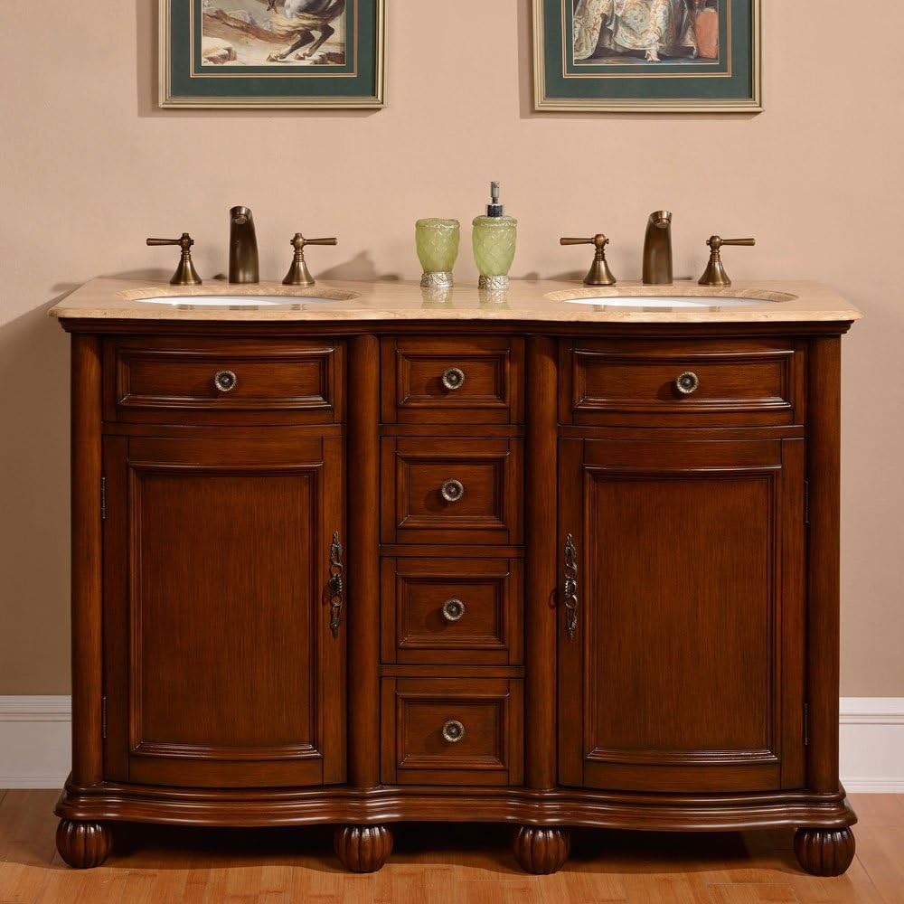 Silkroad Exclusive Countertop Travertine Double Sink Bathroom Vanity with Cabinet, 52", English Chestnut