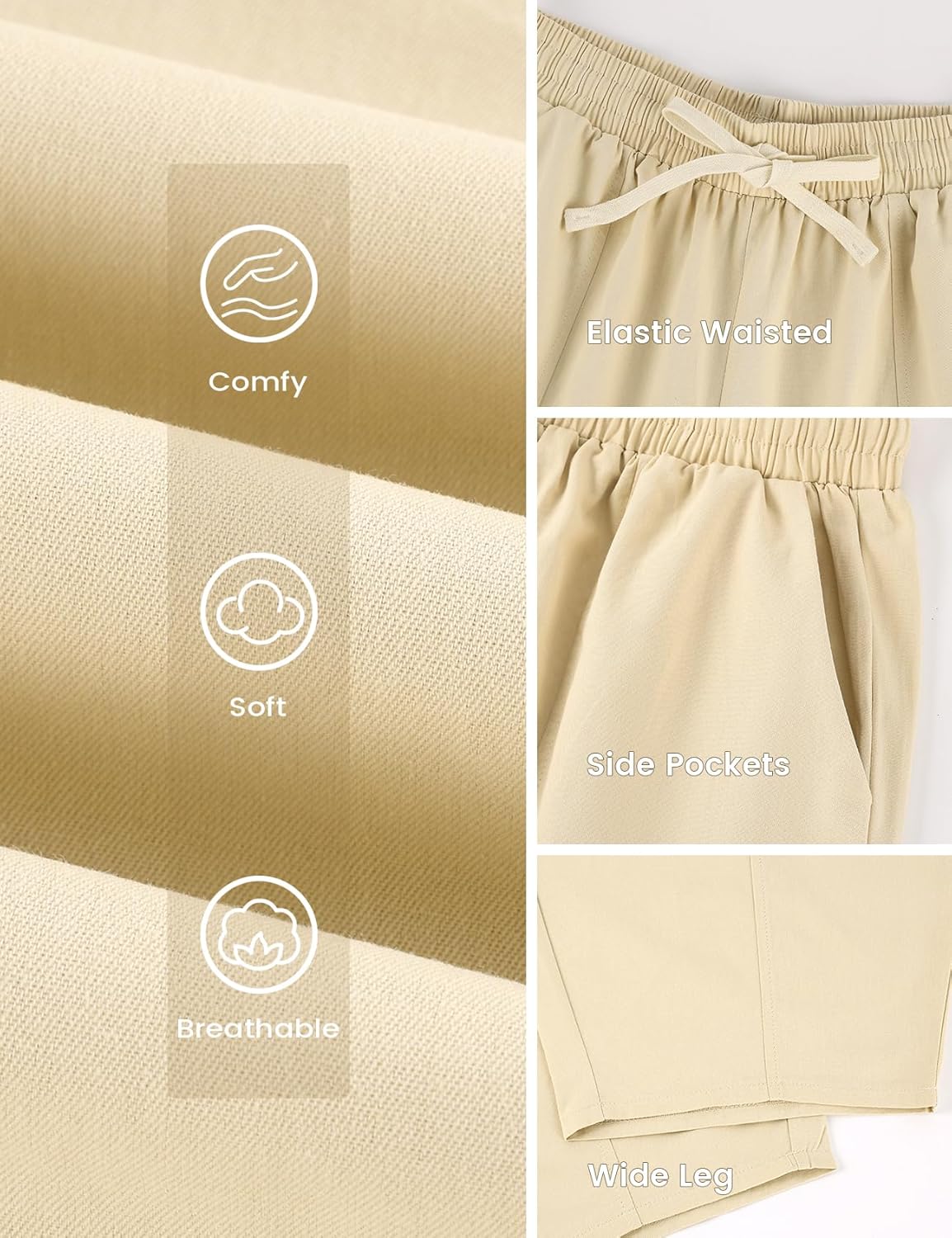 Wyeysyt Barrel Jeans Women Wide Leg Elastic Waistband Cotton Pants Baggy Palazzo Pants with Pockets(Beige-S) - Image 6