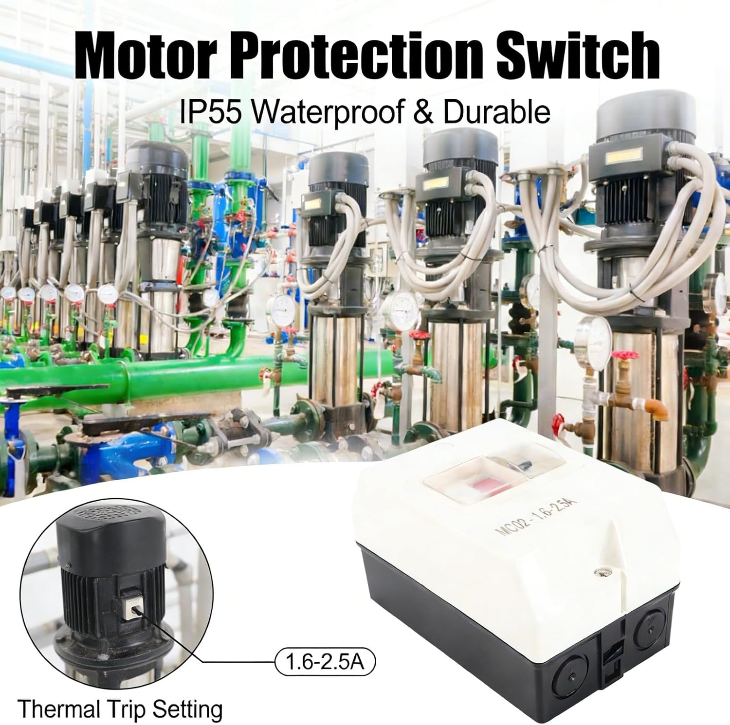 Motor Protection Switch Circuit Breaker 1.6-2.5A ABS IP55 380V - Overload and Short Circuit Protection, Easy Installation for Electric Motors