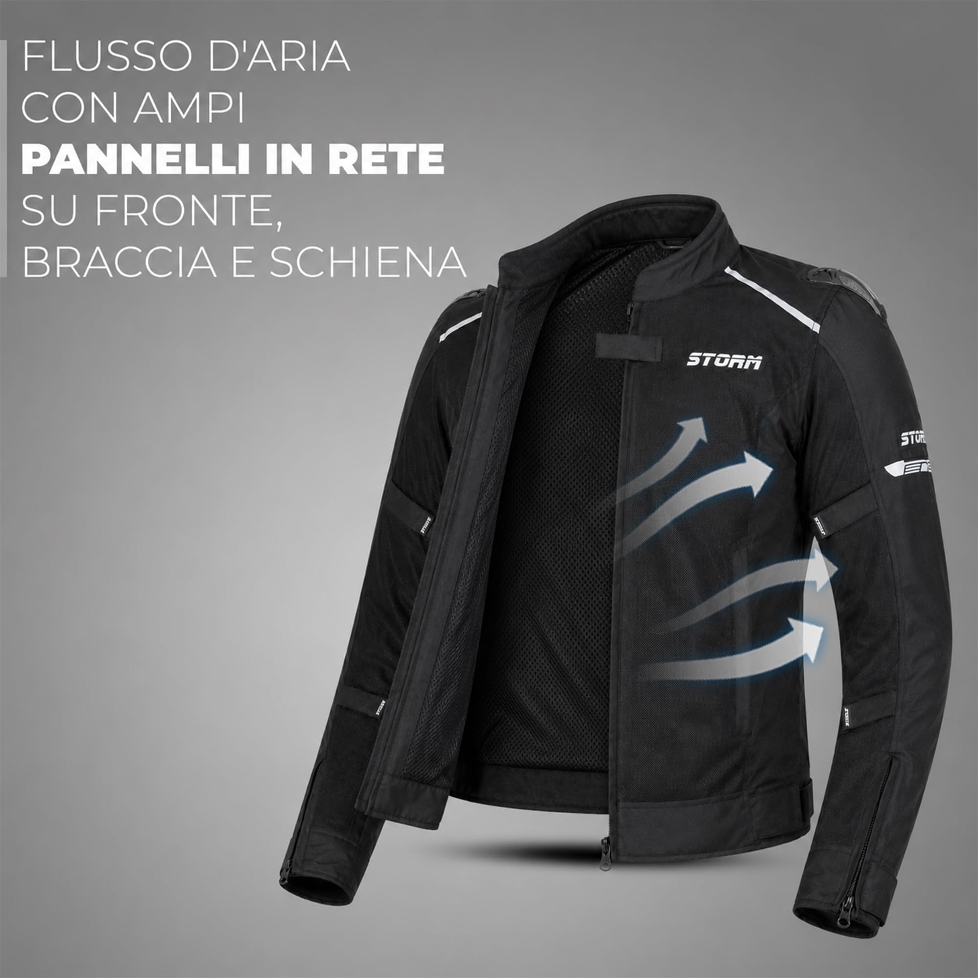 STORM Giacca Moto Estiva Uomo con Protezioni CE Omologate Giubbotto Moto Estivo in Rete Traspirante con Paraschiena, Protezioni Spalle e Gomiti Rimovibili