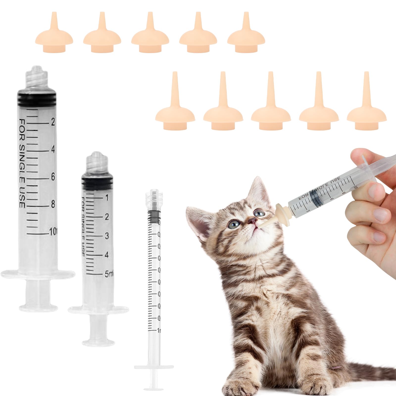 Pet Feeding Set-10 Pcs Silicone Feeding Nursing Nipple and 1ML/5ML/10ML Feeding Syringe, Pet Nursing Feeding Tools for Kittens Puppies Newborn Animals (1ml+5ml+10ml+10 Nipple)
