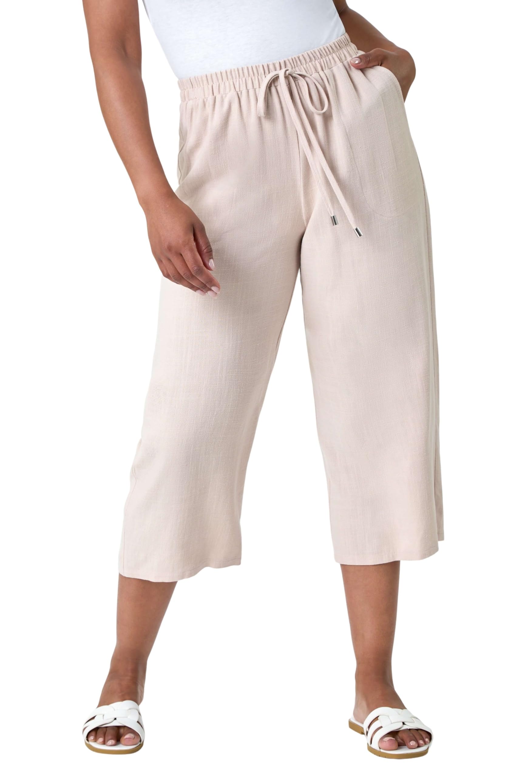 Roman Women's Stone Petite Linen Blend Wide Cropped Trousers In Size 18