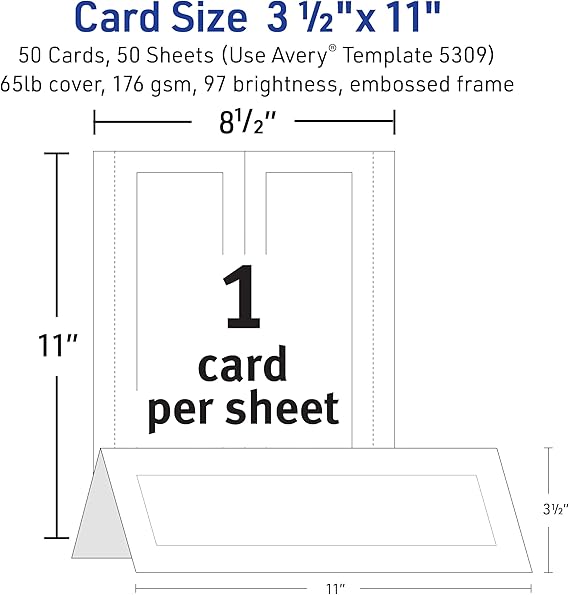 Avery Printable Tent Cards, 3.5 x 11, White with Embossed Border, 50 Blank Place Cards for Laser and Inkjet Printers (5309)