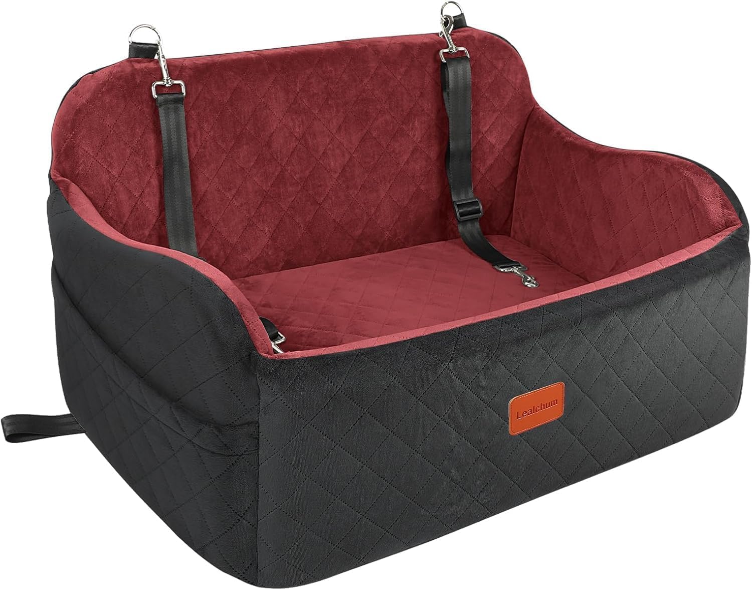Lealchum Dog Booster Car Seat for Medium Dogs,Two Clip-On Safety Leashs Dog Car Bed for Two Small Dogs, Removable and Washable Comfy Pet Cars Seat,Easy to Install and Clean (Black/Red, Large)