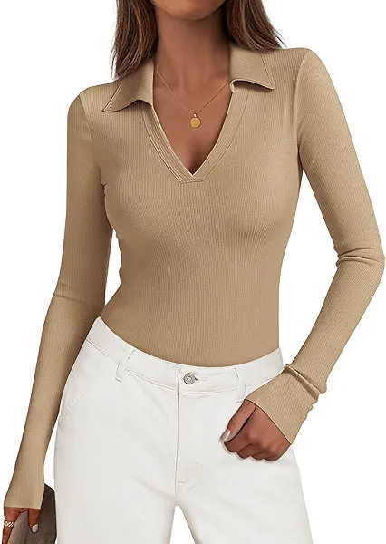 KIRUNDO Polo Shirts for Women Long Sleeve Business Casual Tops 2025 Fall Ribbed Knit Collared V Neck Slim Fit Work Blouses