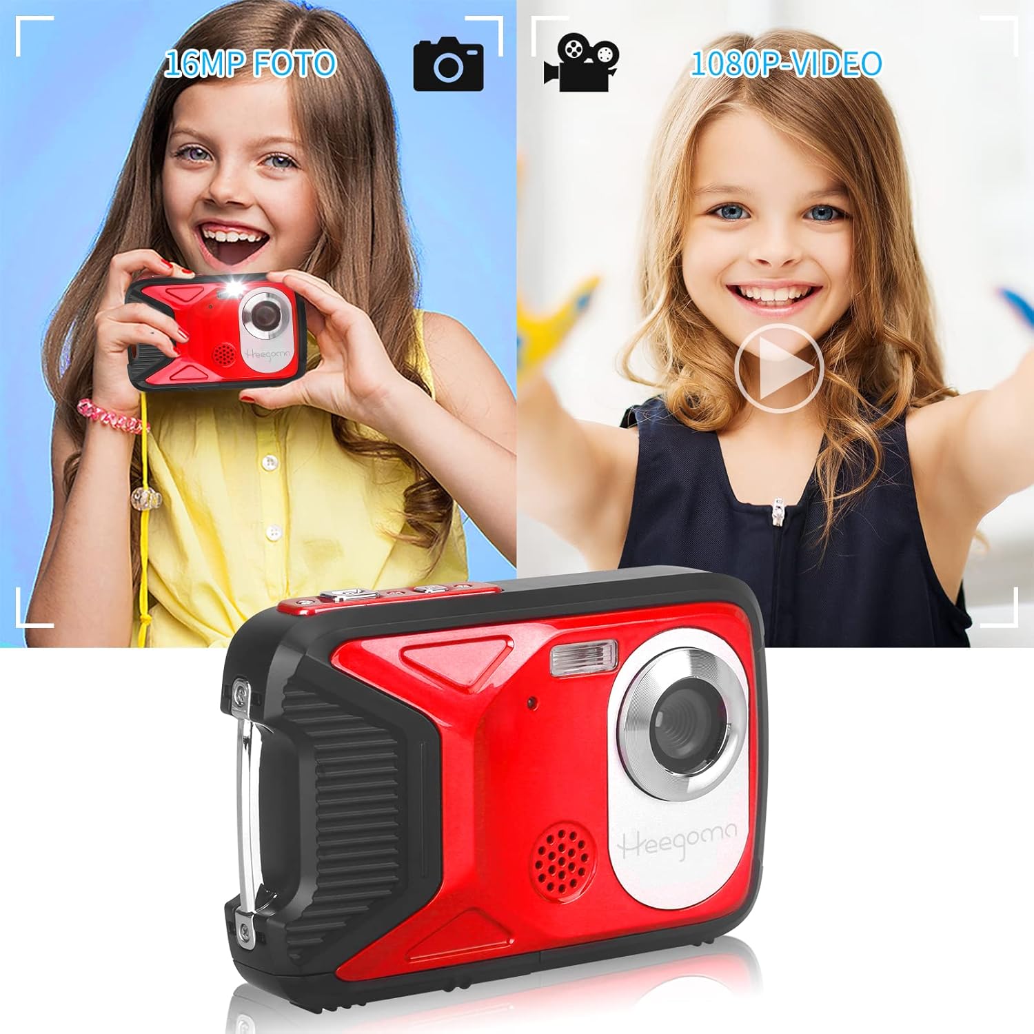 Child holding the camera, illustrating 16MP photo and 1080P video capabilities.
