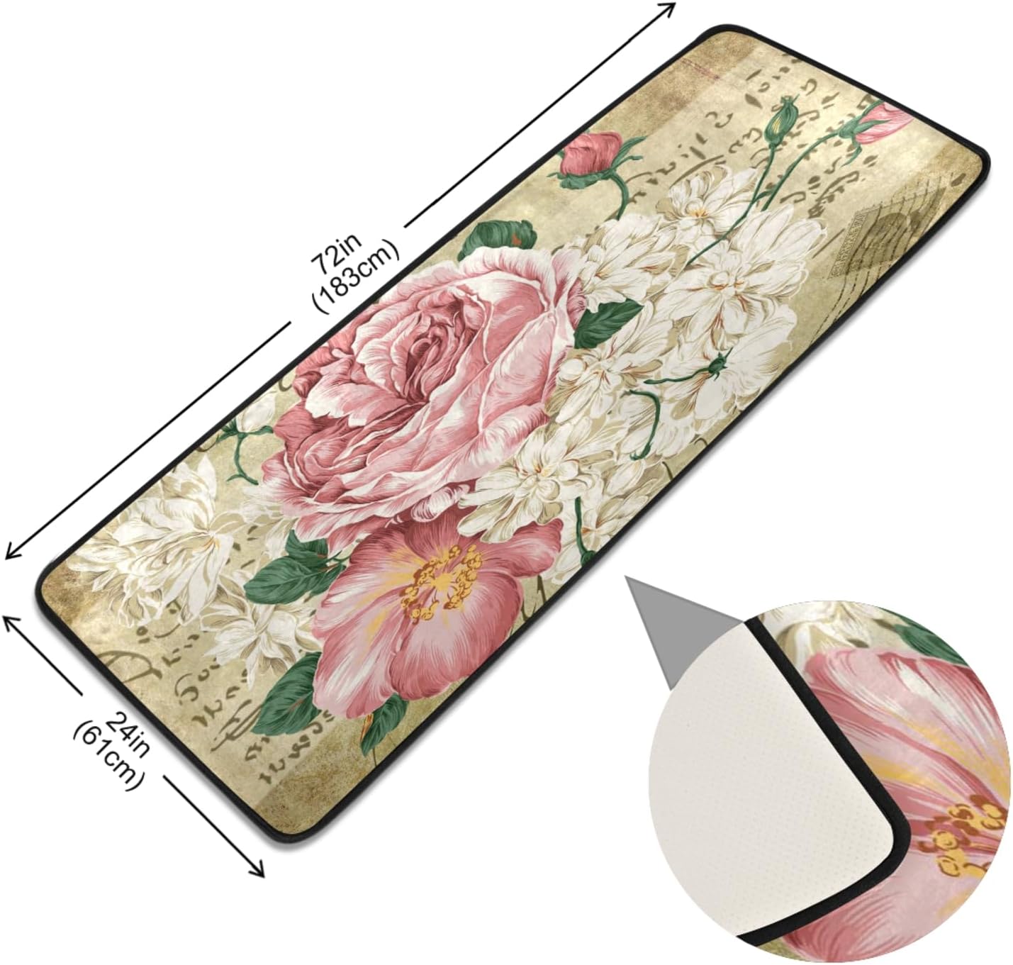 ALAZA Vintage Shabby Chic Pink Rose Floral Runner Rug Non Slip Hallway Entry Carpet Kitchen Rug for Home Dining Living Room Bedroom 72" X 24",Machine Washable