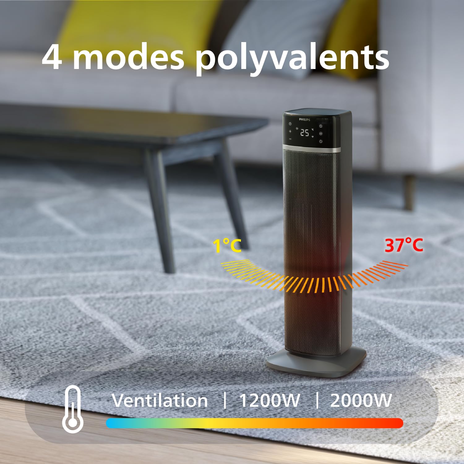 Philips Radiateur soufflant connecté Série 5000, 2000W, jusqu’à 50 % d’économies d’énergie, 4 modes, affichage température, 5 sécurités, oscillation 60°, silencieux, noir/gris (CX5120/11)