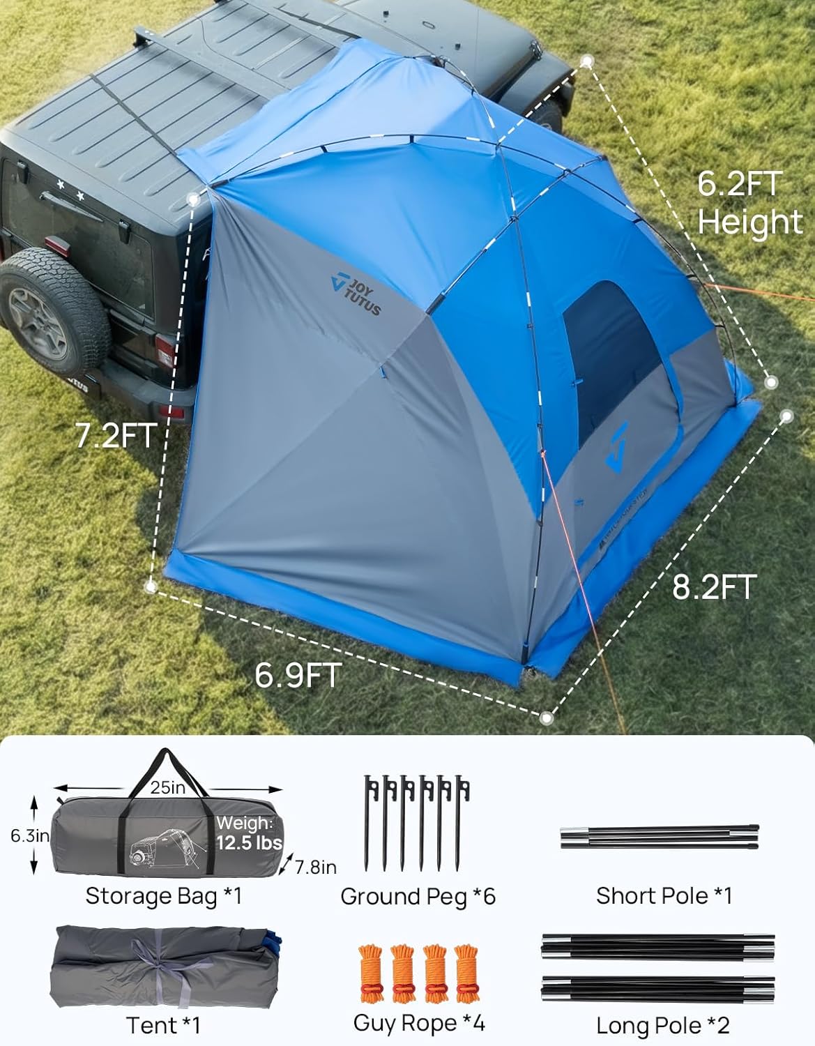 JOYTUTUS Car Shelter with Full-Coverage Sunshade for Side or Rear, Universal Mount Vehicle Awning and Car Camping Tent, Easy Set-up Buckles, Roll up Sides and Windows, UV50+, Rainproof, Gray Blue