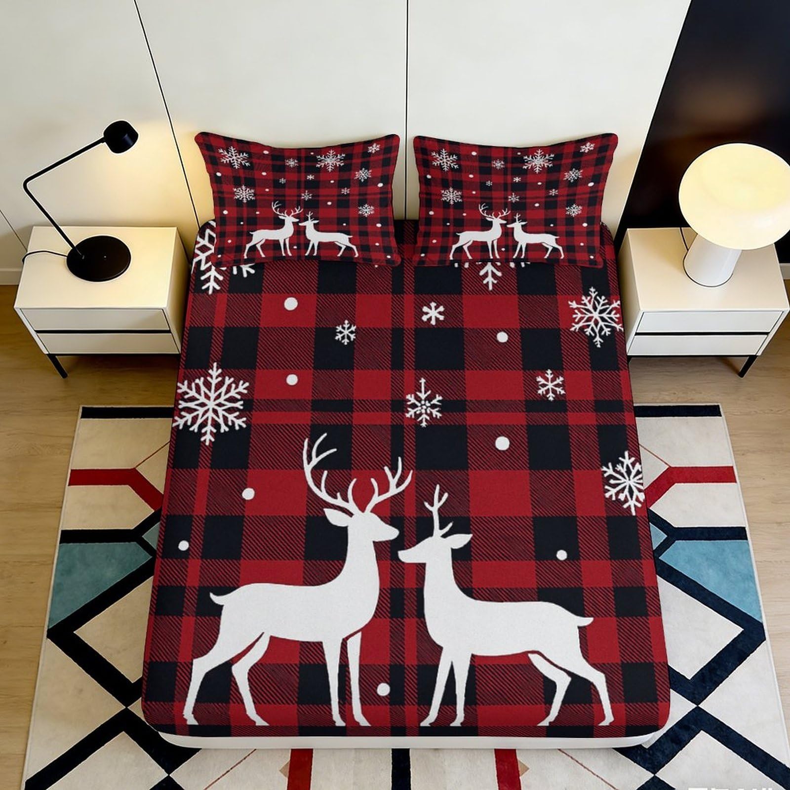 Jqzkxnhpbr Style-5 3D Printed Red Plaid Deer Fitted Sheet Microfiber Soft Breathable Snowflake Bed Cover For Bedroom Dorm Mattress Decor 90X200x25cm