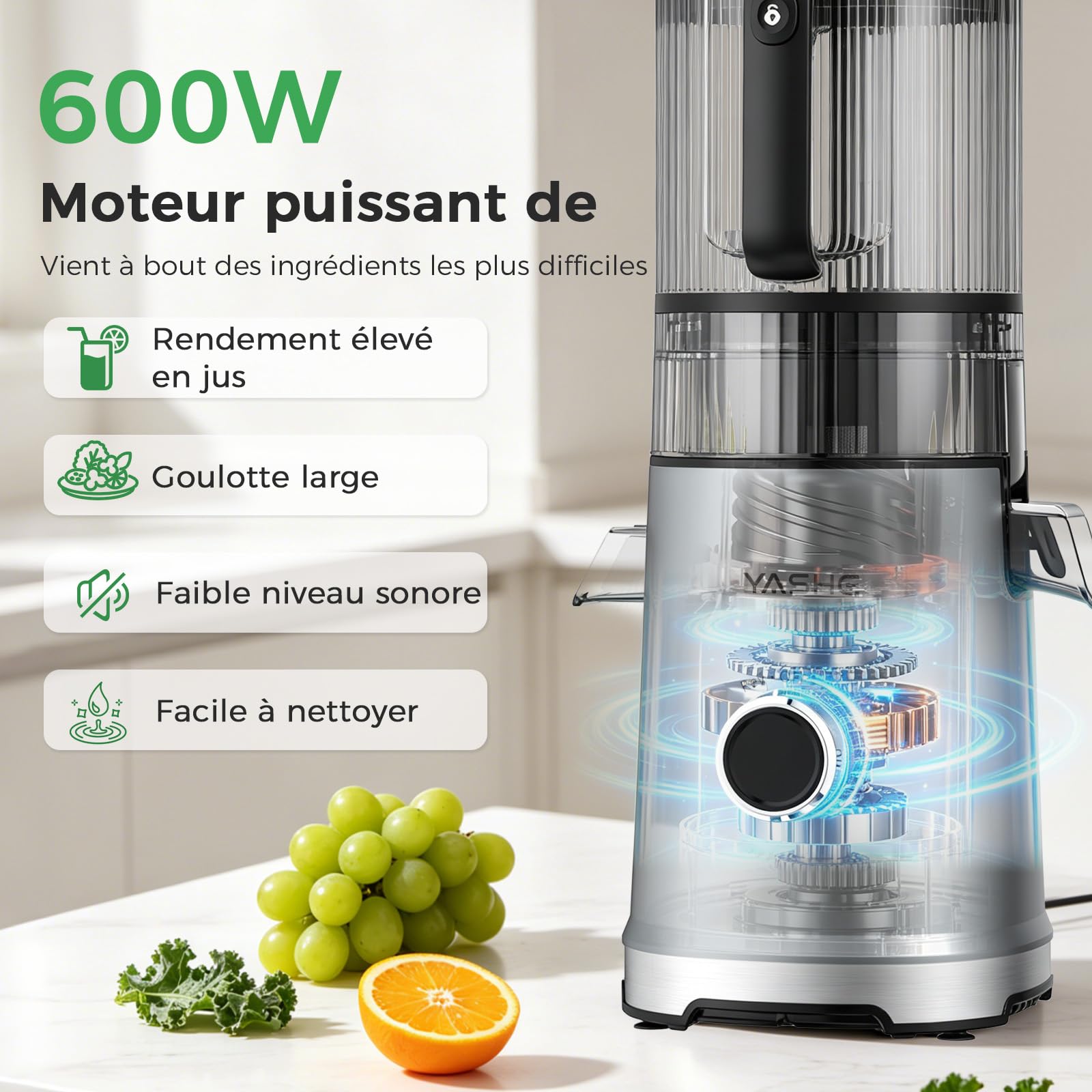 YASHE Extracteur de Jus à Froid 600W, Goulotte Extra-Large 152 mm pour Fruits et Légumes Entiers, Tamis 3-en-1 (Jus, Sorbet & Lait Végétal), Sans BPA, Lavable au Lave-Vaisselle, Capacité 1L