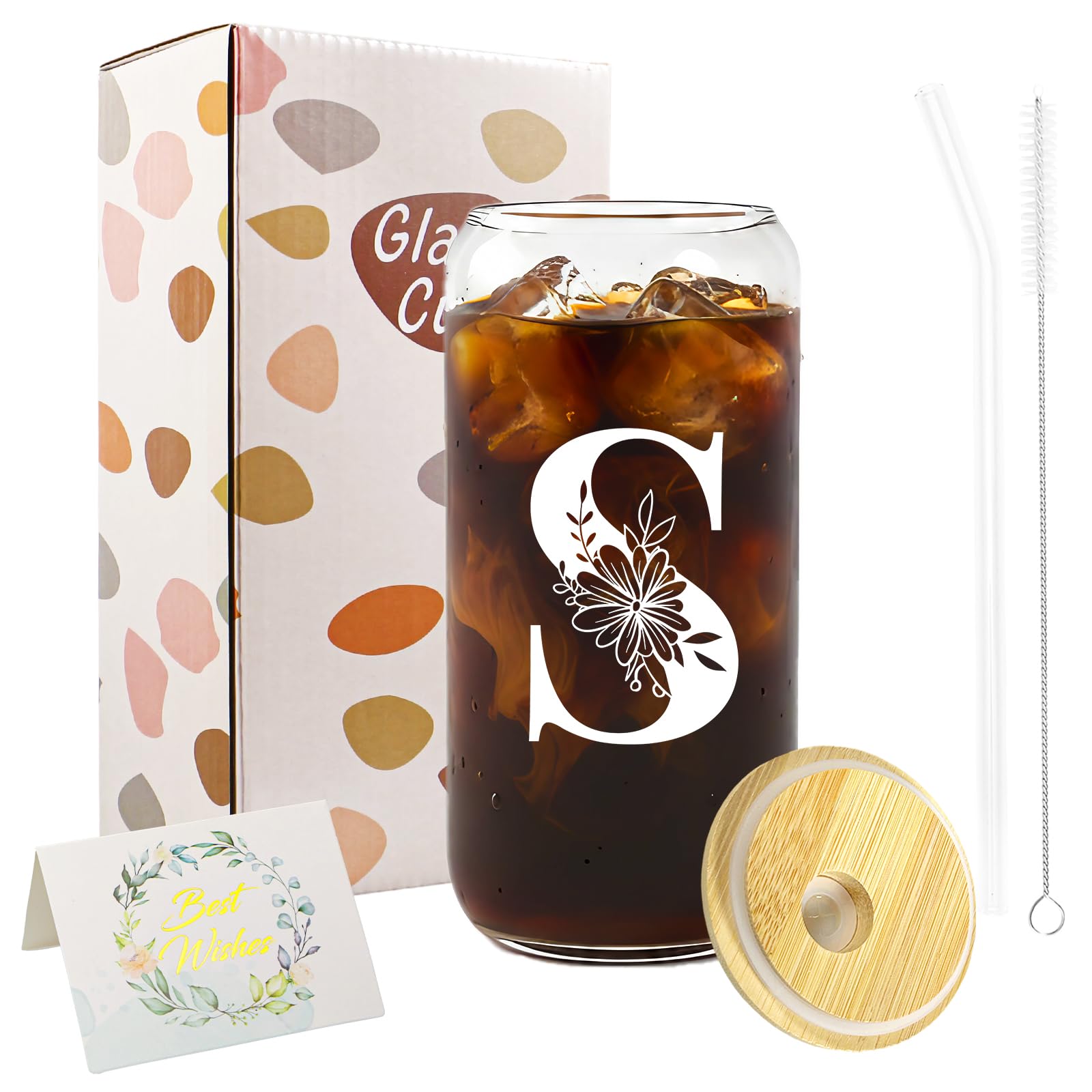A-Z Initial Personalised Gifts for Women, Birthday Coffee Glass Cups Gifts Set, 16oz Iced Coffee Glass Cup with Lids and Straws, Iced Coffees Cup for Women, Mum, Teachers, Friends, Best Friend (S)