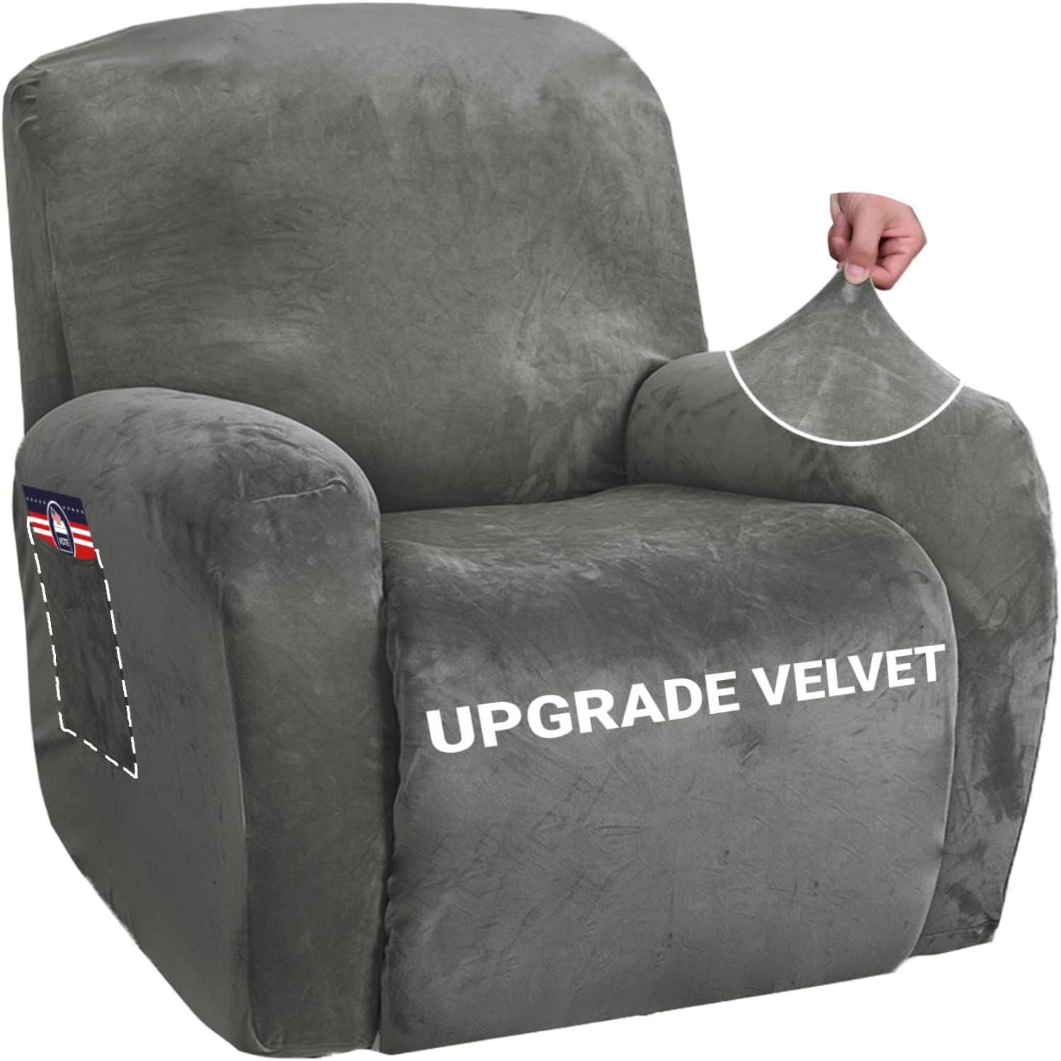 ZNSAYOTX Stretch Velvet Recliner Covers 4-Pieces, Thicker Soft Plush Recliner Chair Slipcover with Side Pockets, Washable Luxury Dog Cat Pets Proof Reclining Protector (Recliner, Grey) Large (24"-37") Grey