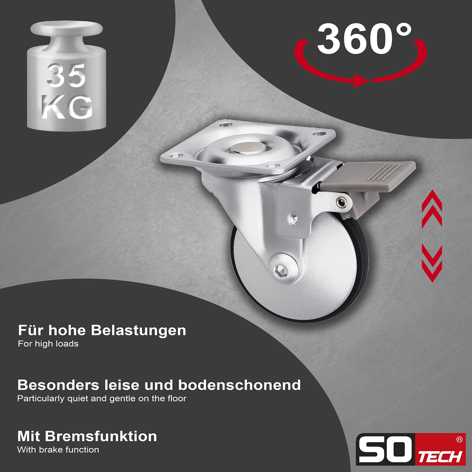 Sotech 4er Set Design-Möbelrolle LINDAU mit Bremse (Ø 75 mm, 35 Kg Tragfähigkeit pro Rolle, 360 Grad drehbar, mit Montageplatte, silbergrau) Transport-Möbelrolle, leise und bodenschonend