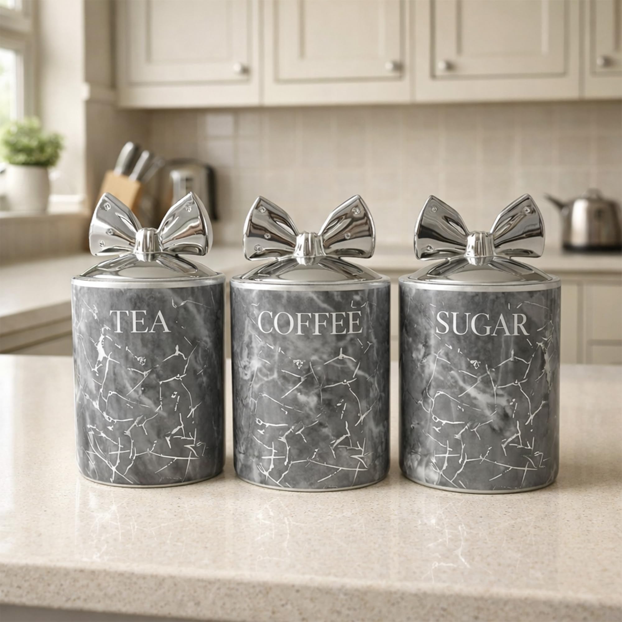 BML Marble Tea Coffee Sugar Canister Set With Silver Bow Lids Ceramic Kitchen Storage Jars Suitable For Countertop Use Modern Home Decor Containers For Everyday use (Gray)