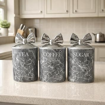 BML Marble Tea Coffee Sugar Canister Set With Silver Bow Lids Ceramic Kitchen Storage Jars Suitable For Countertop Use Modern Home Decor Containers For Everyday use Gray
