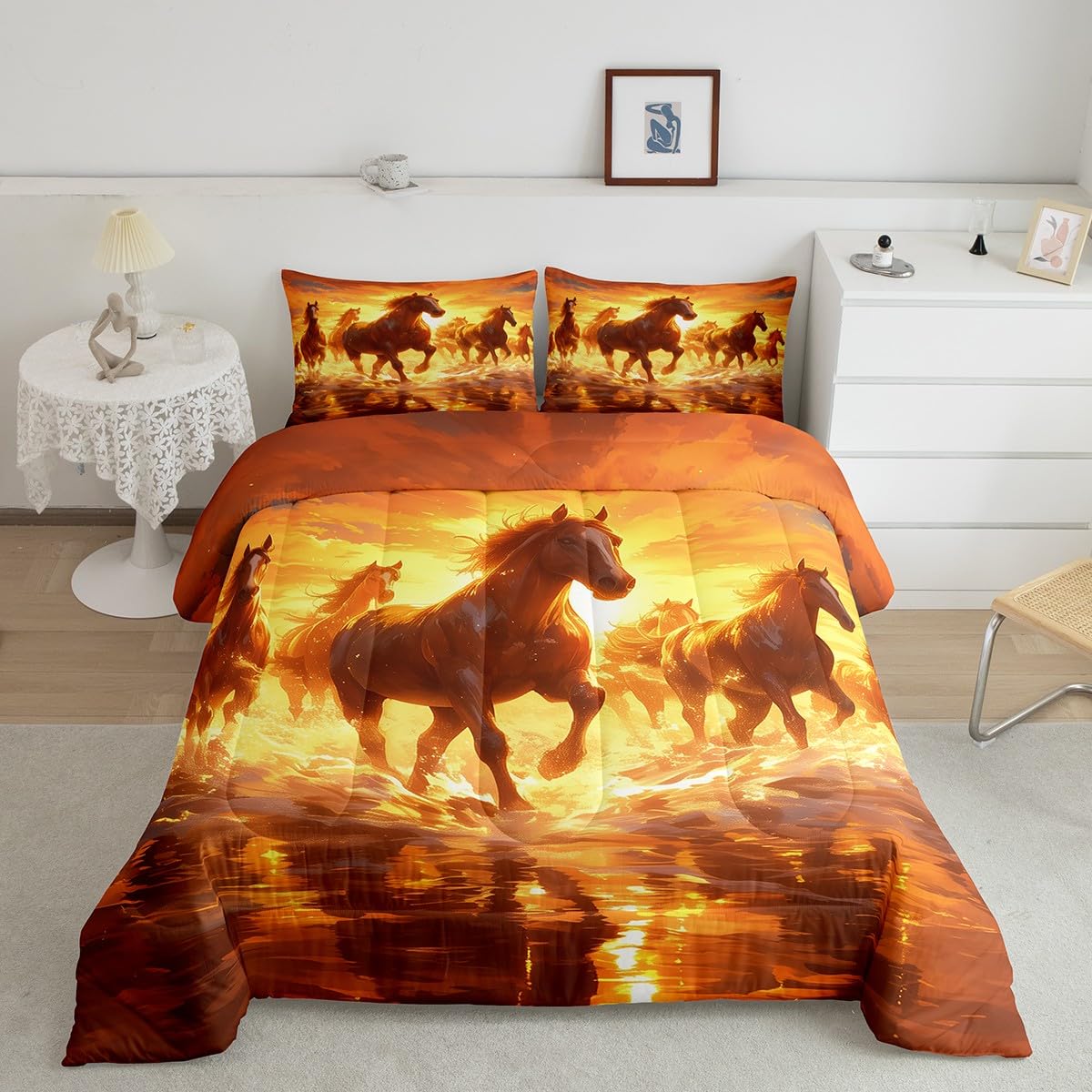 jejeloiu Horse Comforter Set Toddler Galloping Horses Bedding Set for Kids Boys Girls Teens Western Animal Decor Duvet Set Super Soft Microfiber Yellow Farmhouse Quilt Set