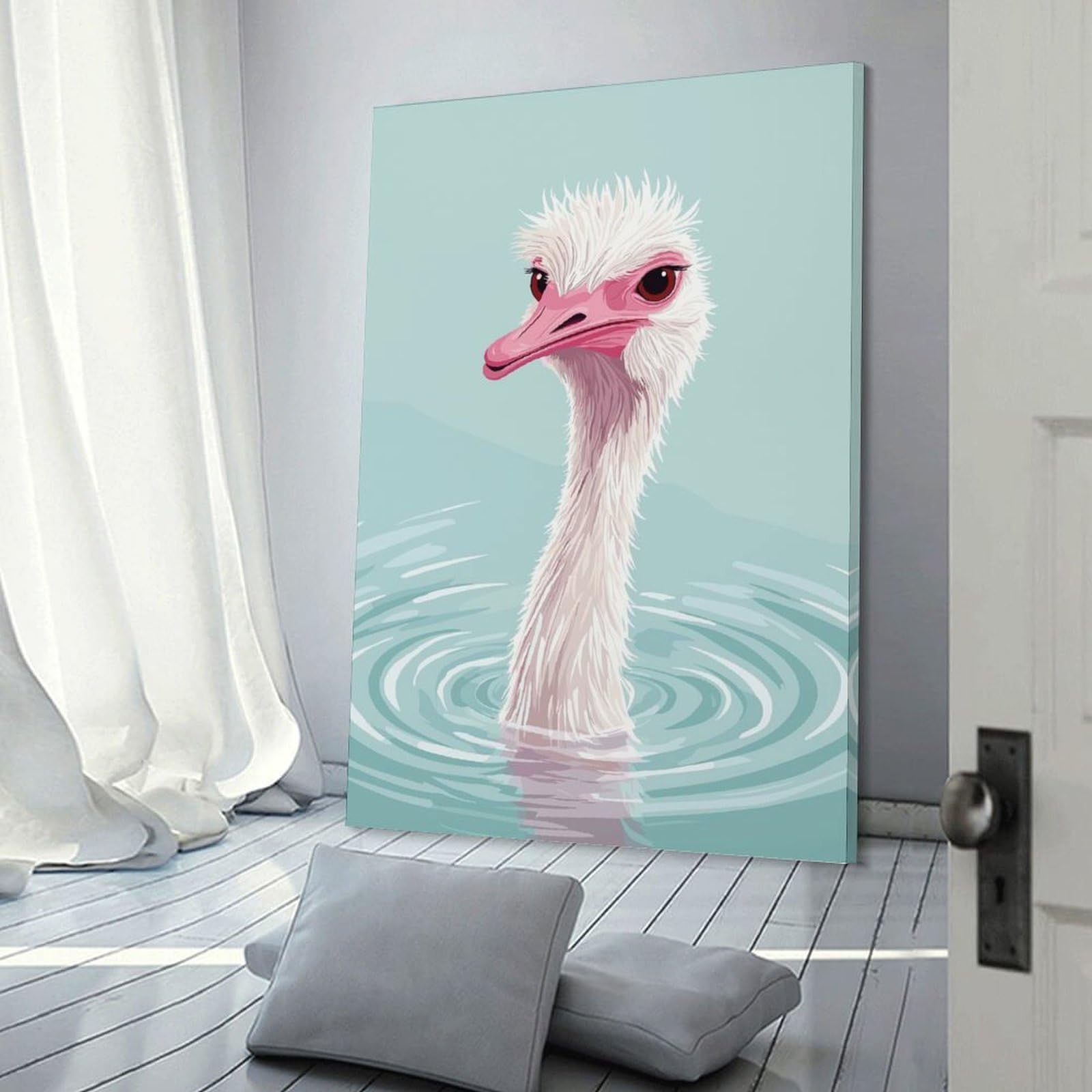 Junmoney Wall Art Print Ostrich in Water Illustration, 24x36inch(60x90cm), for Hallway, Bedroom Or Modern Interiors, Thoughtful Wall Decor for Art Lovers