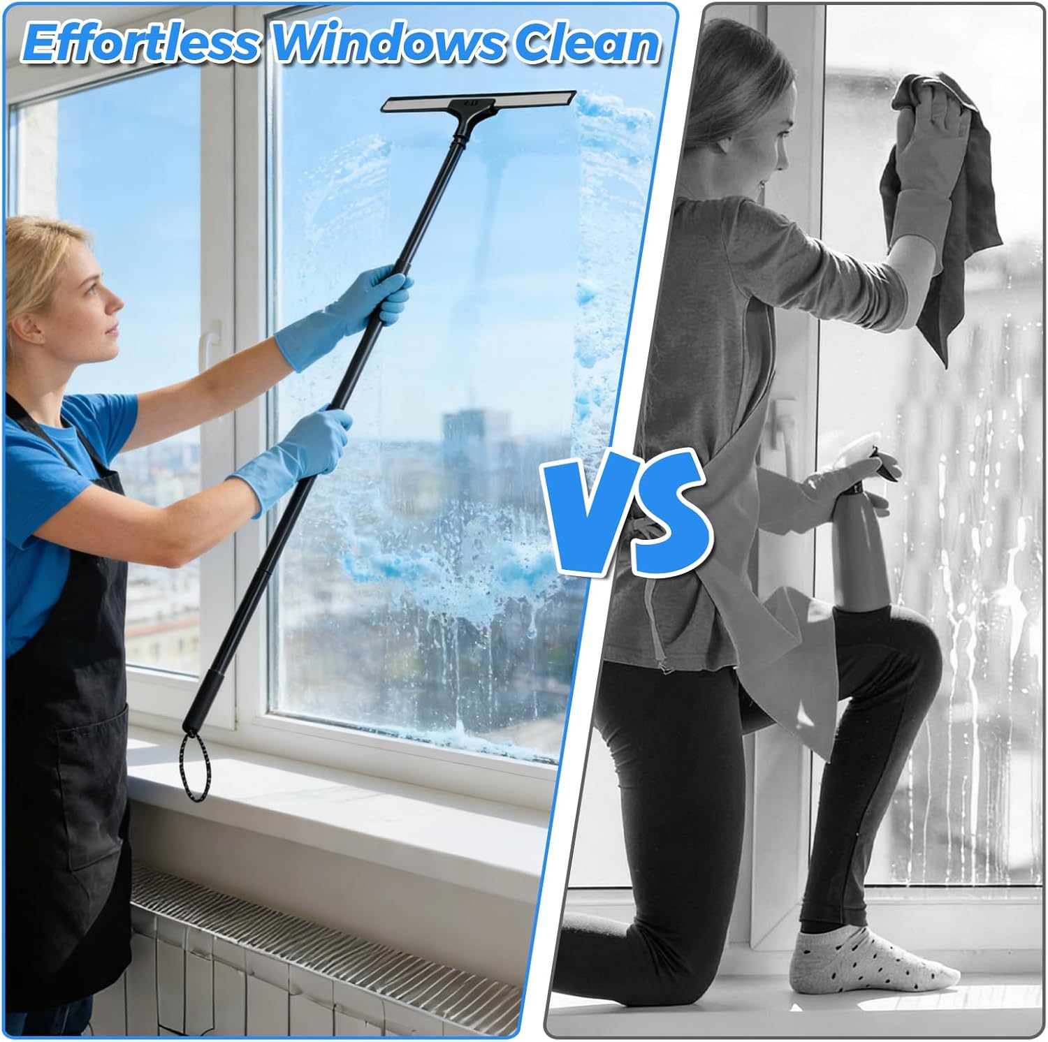 Tiiyee Window Squeegee for Home, 2 in 1 Window Washing kit with 57" Extension Pole Telescopic Shower Door Cleaner Tool Car Windshield Cleaning Long Handle for Glass Doors Floor Tile Wall 14 inch Wide
