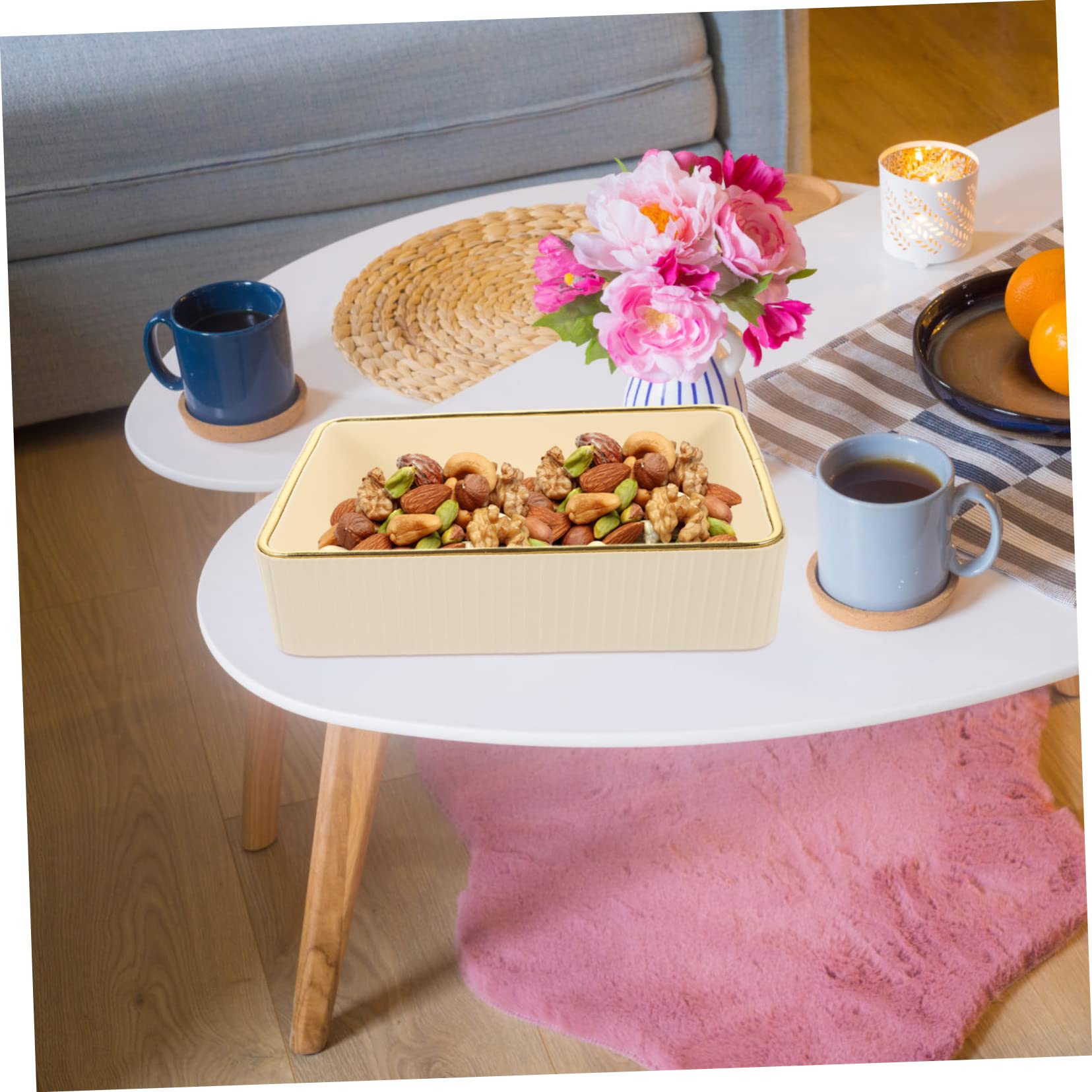 Bandeja Rectangular para Llaves y Joyas, Organizador de Cuero y Tablero de Densidad, Blanco, Adecuado para Tocador y Entrada, Fácil de Limpiar