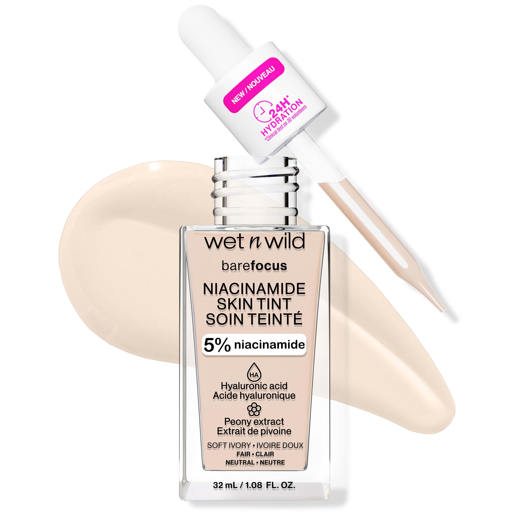 Wet n WildBare Focus Skin Tint, 5% Niacinamide Enriched, Buildable Sheer Lightweight Coverage, Natural Radiant Finish, Hyaluronic & Vitamin Hydration Boost, Cruelty-Free & Vegan - Soft Ivory