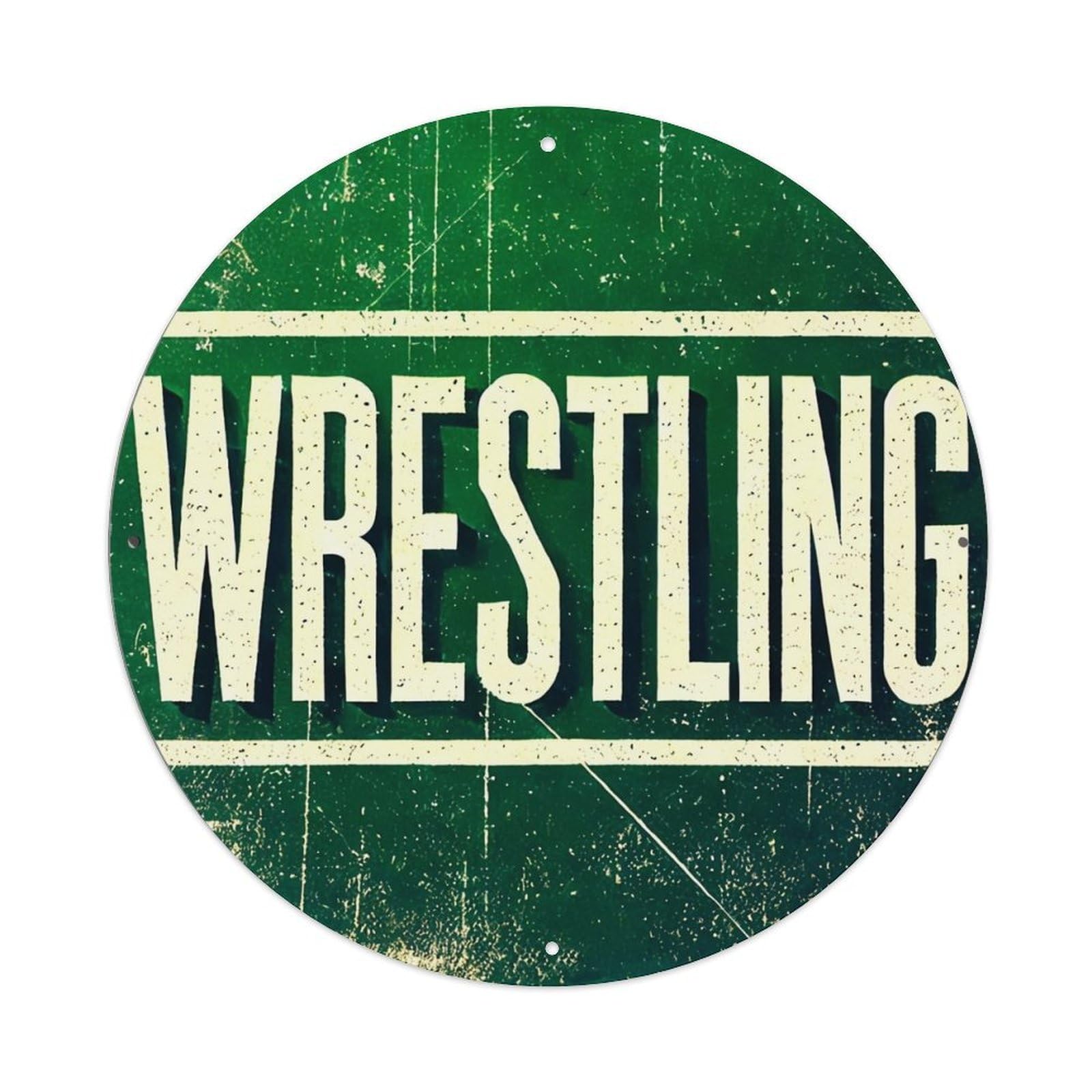Green Circle Wrestling Text Pattern Vintage Round Tin Sign Retro Metal Wall Decor Metal Poster, Home Bar Garage Cafe Wall Art Decoration 8x8Inches