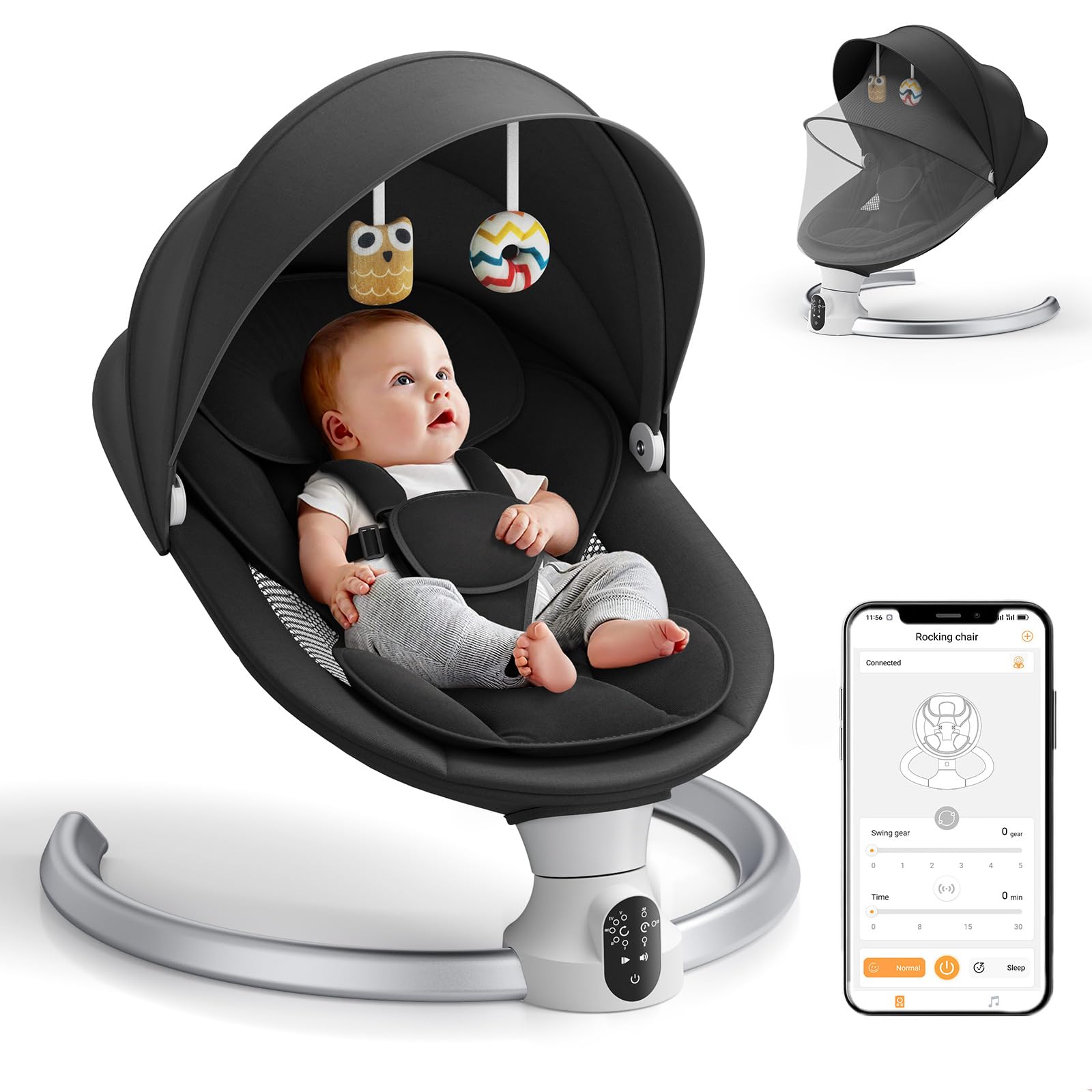 Electric Baby Bouncer Chair for Infants, APP Remote Control Baby Swing with 5 Point Safety Harness 5 Swing Speeds 3 Timers and 10 Music, Automatic Rocker for Newborn 0-6 Month Max 9 kg