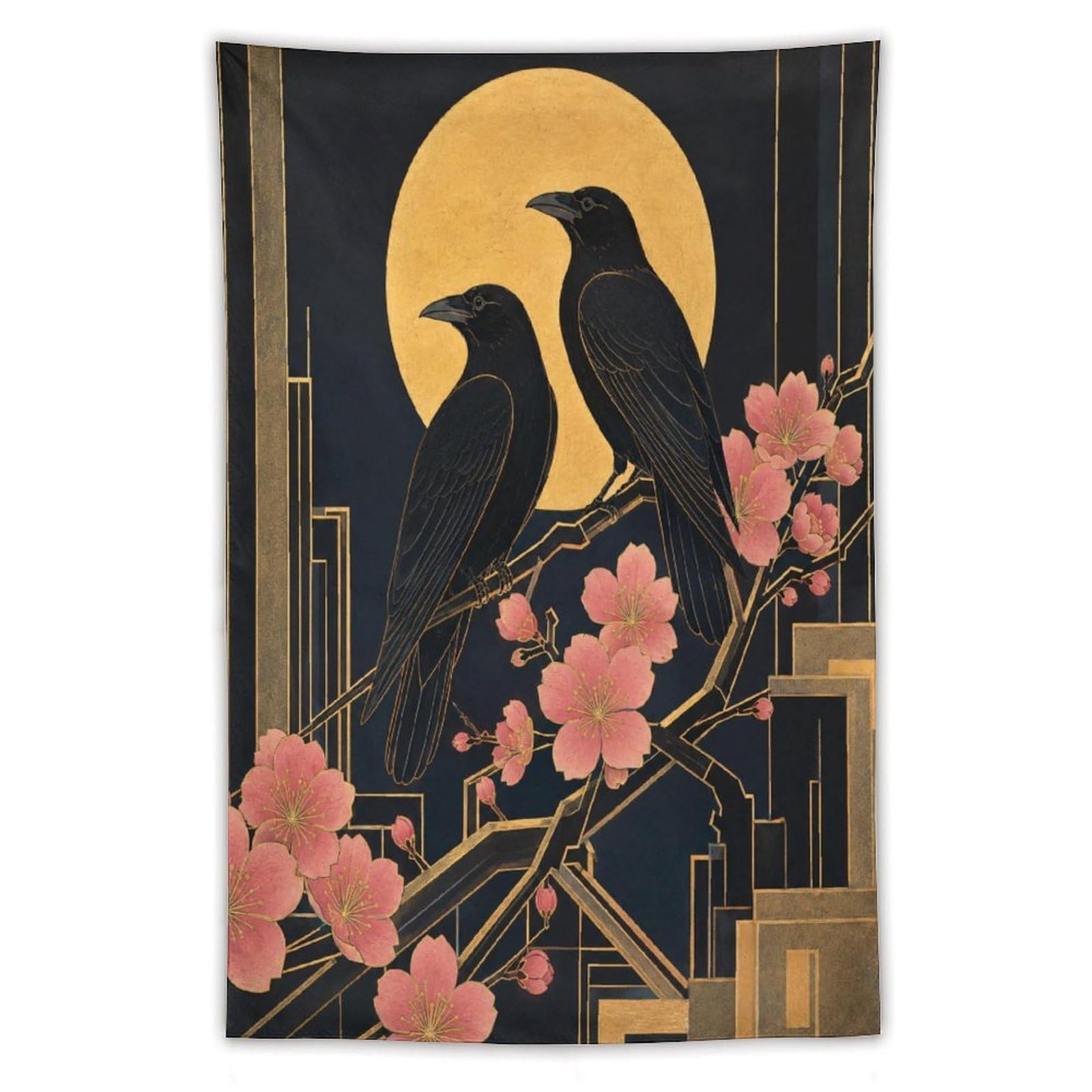 H3B8U2Y5 Raven Pair under Golden Moon Wall Tapestry, Art Deco