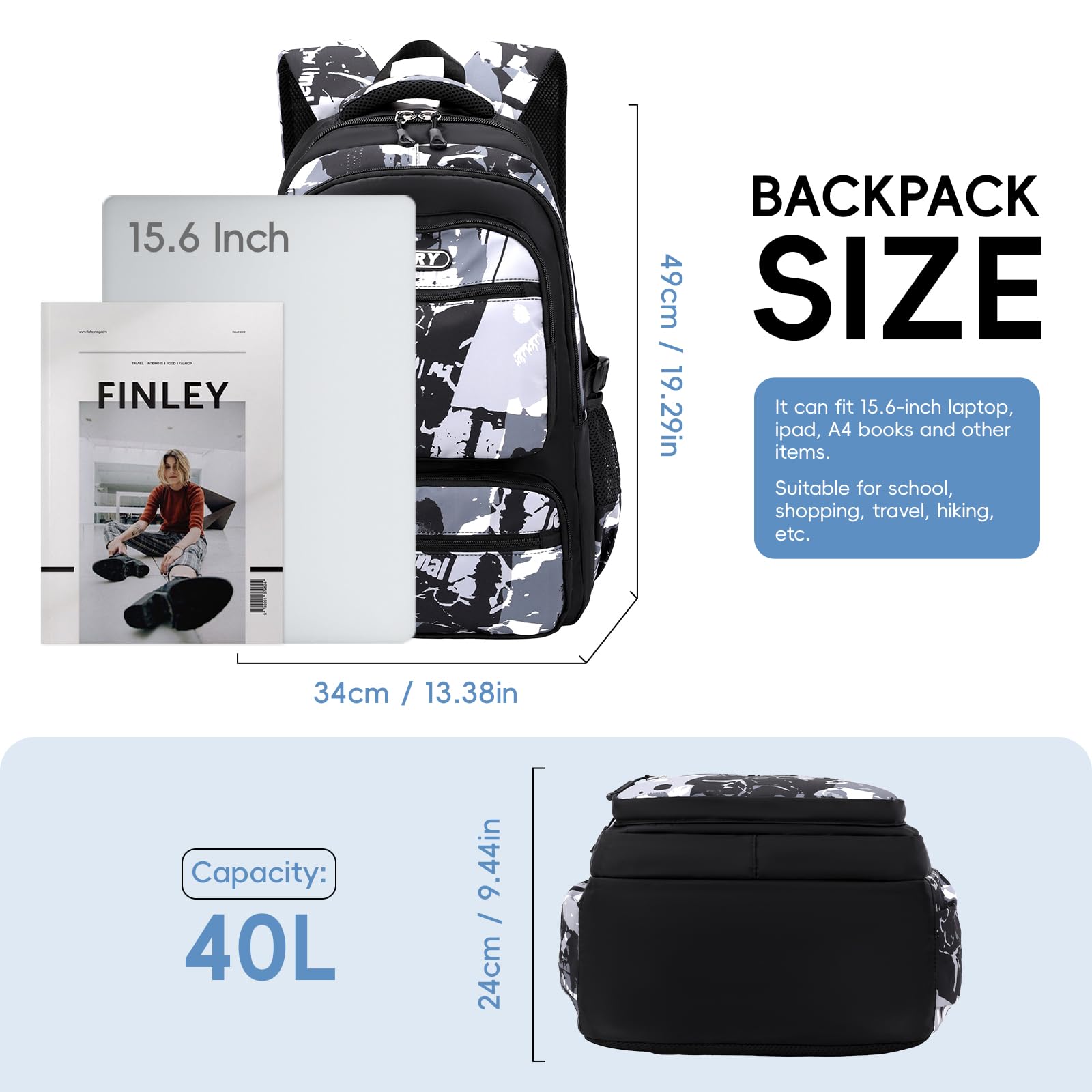 Amythe Mochila Escolar para Niño Adolescentes de 10 a 18 años - Informal, Elegante y Ligera - Mochila Colegio para Portátil de 15,6" para Secundaria, Instituto y Viajes -Negro