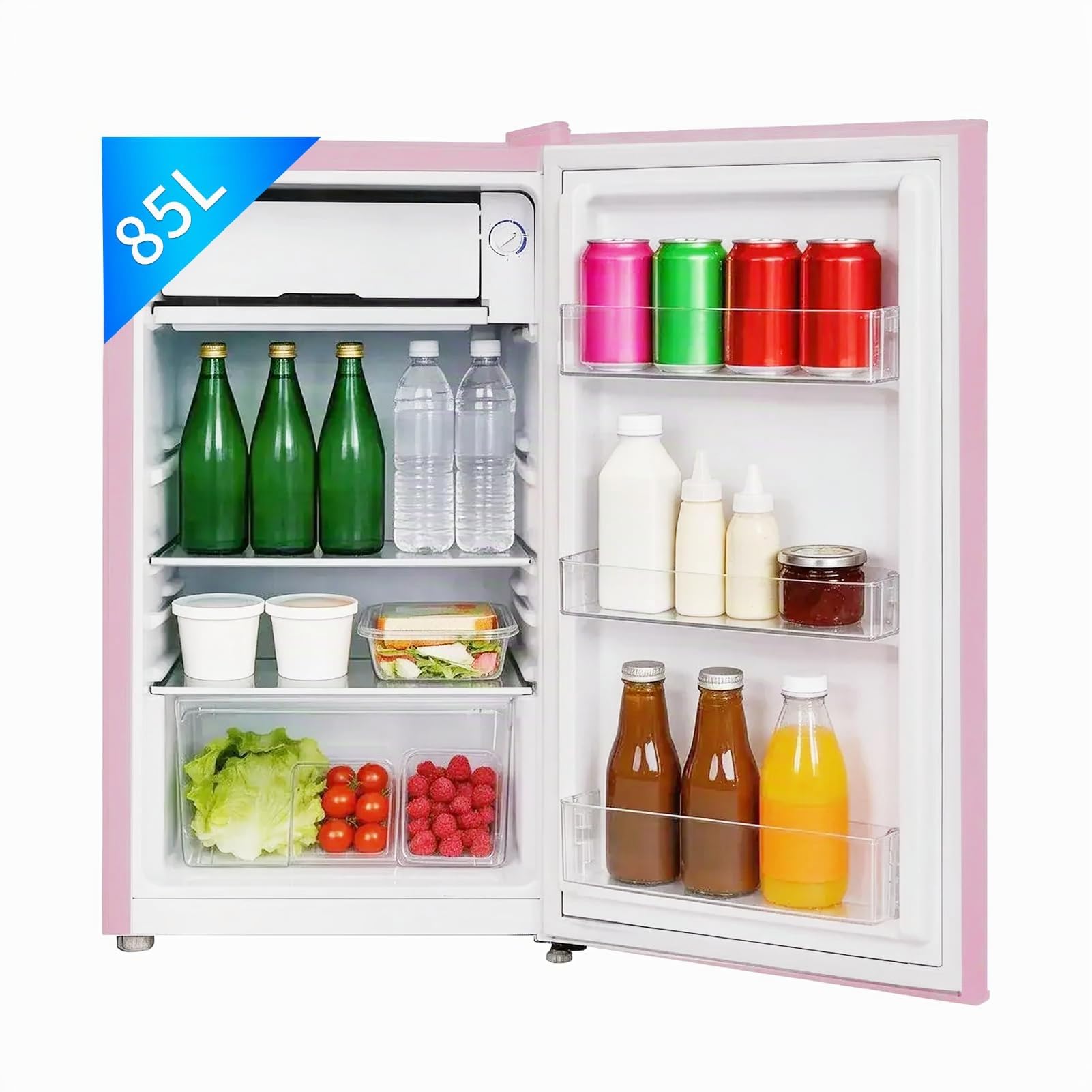 Retro kühlschrank mit gefrierfach klein 85L (77+8L), Mini vintage gefrierkombination freistehend gefrierschrank rosa,Leise, Mechanische Steuerung, LED-Beleuchtung
