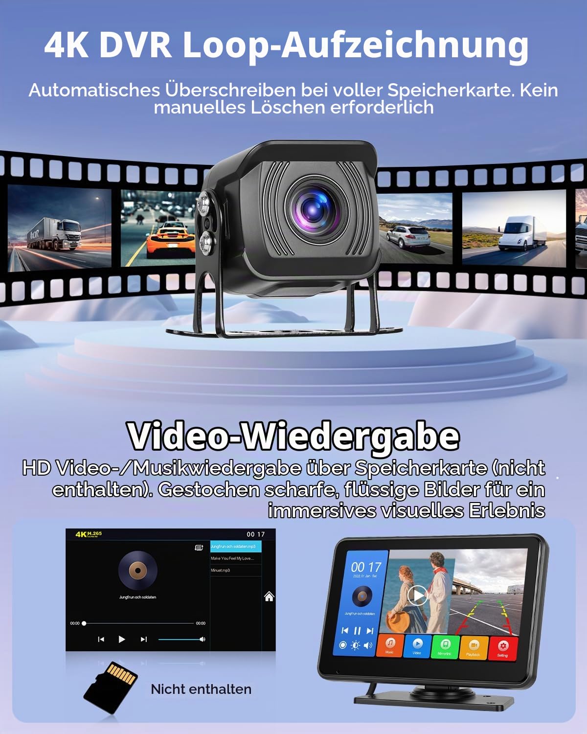 Hikity 4K DVR Digitales Dual Rückfahrkamera Set 7 Zoll Monitor 9-32V | 1080P IPS Monitor IP68 Wasserdichte Nachtsicht Rückfahrkamera DIY Parkleitlinie Loop Aufnahme Kamera für Wohnmobile LKWs