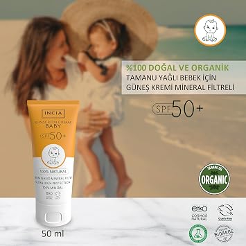 INCIA%100 Doğal Bebek Güneş Kremi Leke Karşıtı Mineral Filtreli Yüksek Koruma SPF50 UVA UVB 50 ml