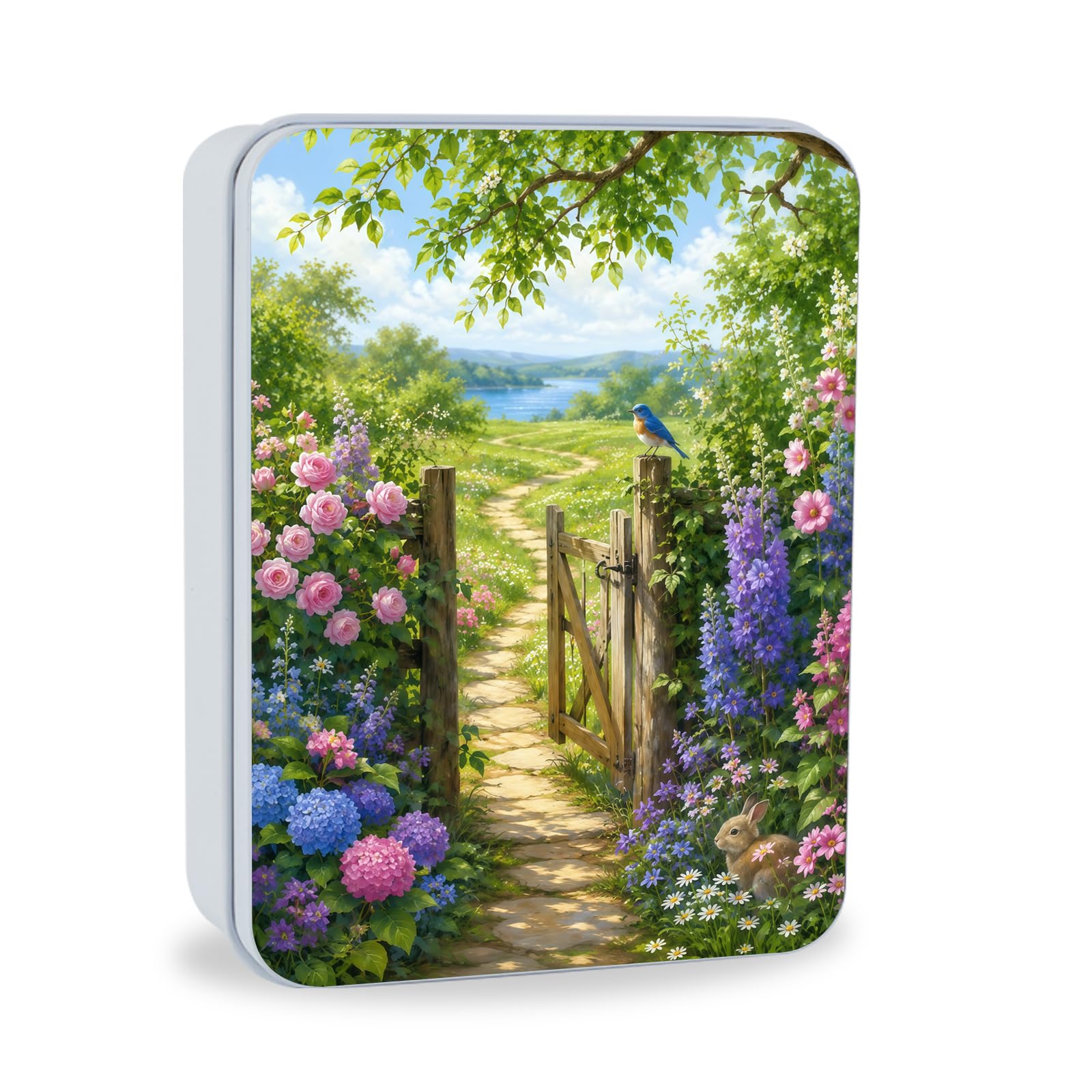 Decorative Metal Tin Box with Lid,Bluebird Pathway Organizer