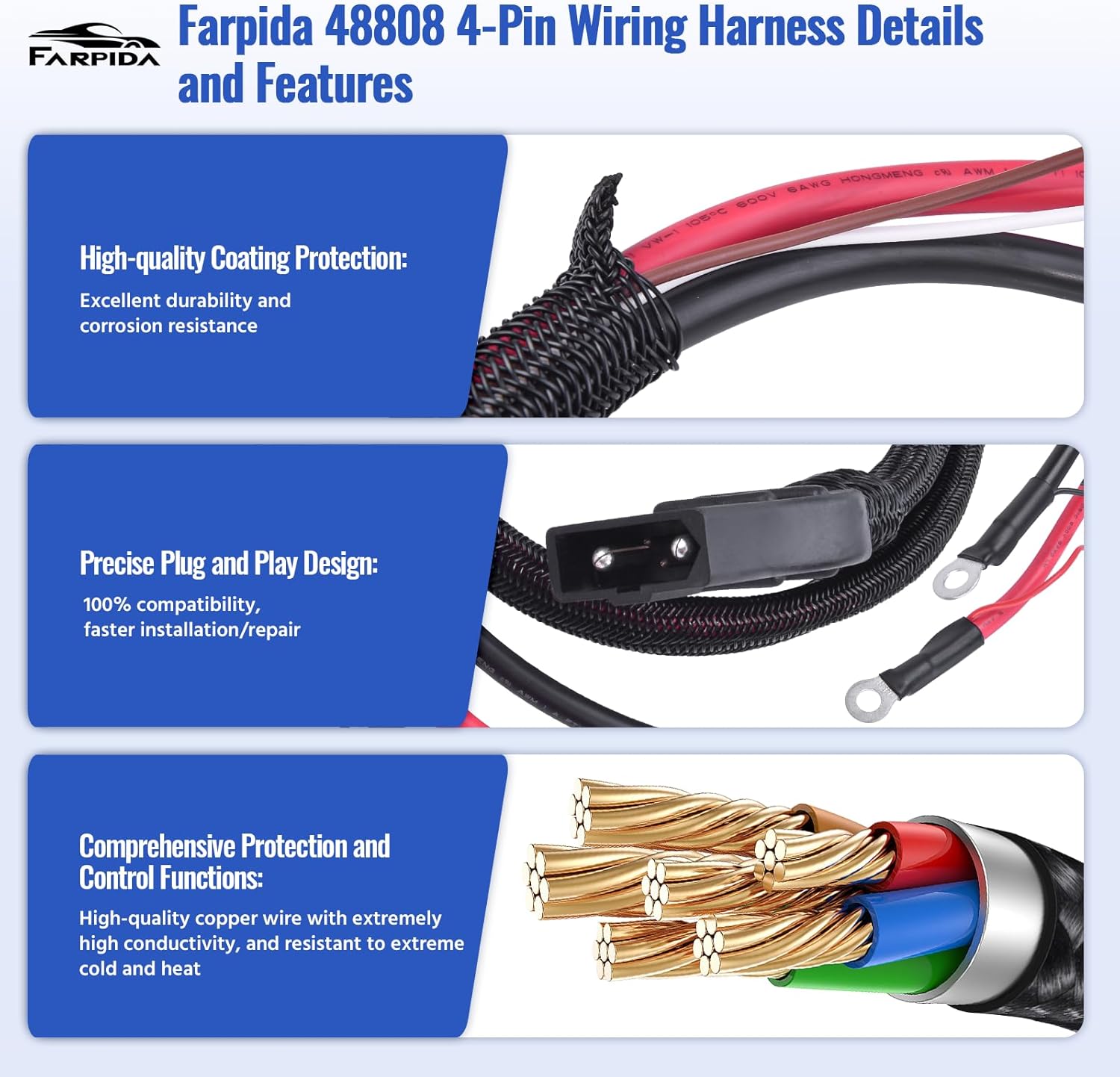 48808 4 PIN Salt Spreader Power Cable, fits for Fisher/Western/SNOWEX, 48808 4 Pin Cable Assembly, Replace 48808 Salt Spreader Power Ground Cable with Dust Cover/6×Tie Wraps