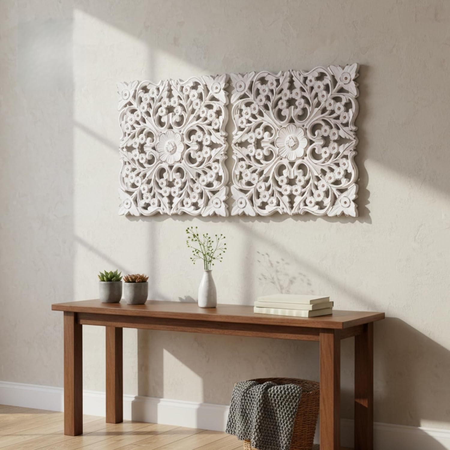 DEVLA White Antique Hand Carved & Hand Painted Wooden Mandala Wall Art (15.5x15.5 inch) Set of 2 Wall Decor, White Panel Style Home Décor, Rectangle Scroll Carved Wood Sculpture for Home Use